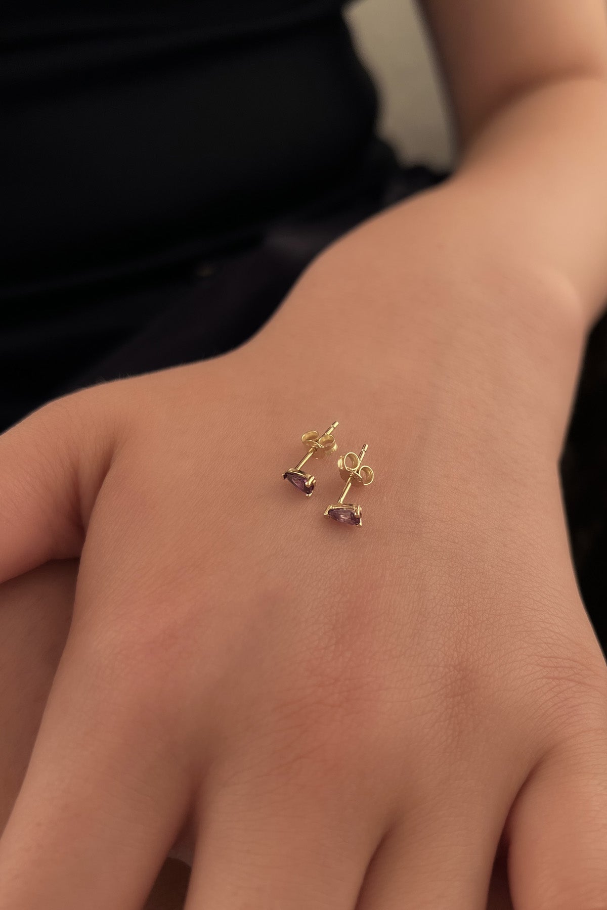 14K Gold Amethyst Stone Drop Shape Stud Earrings