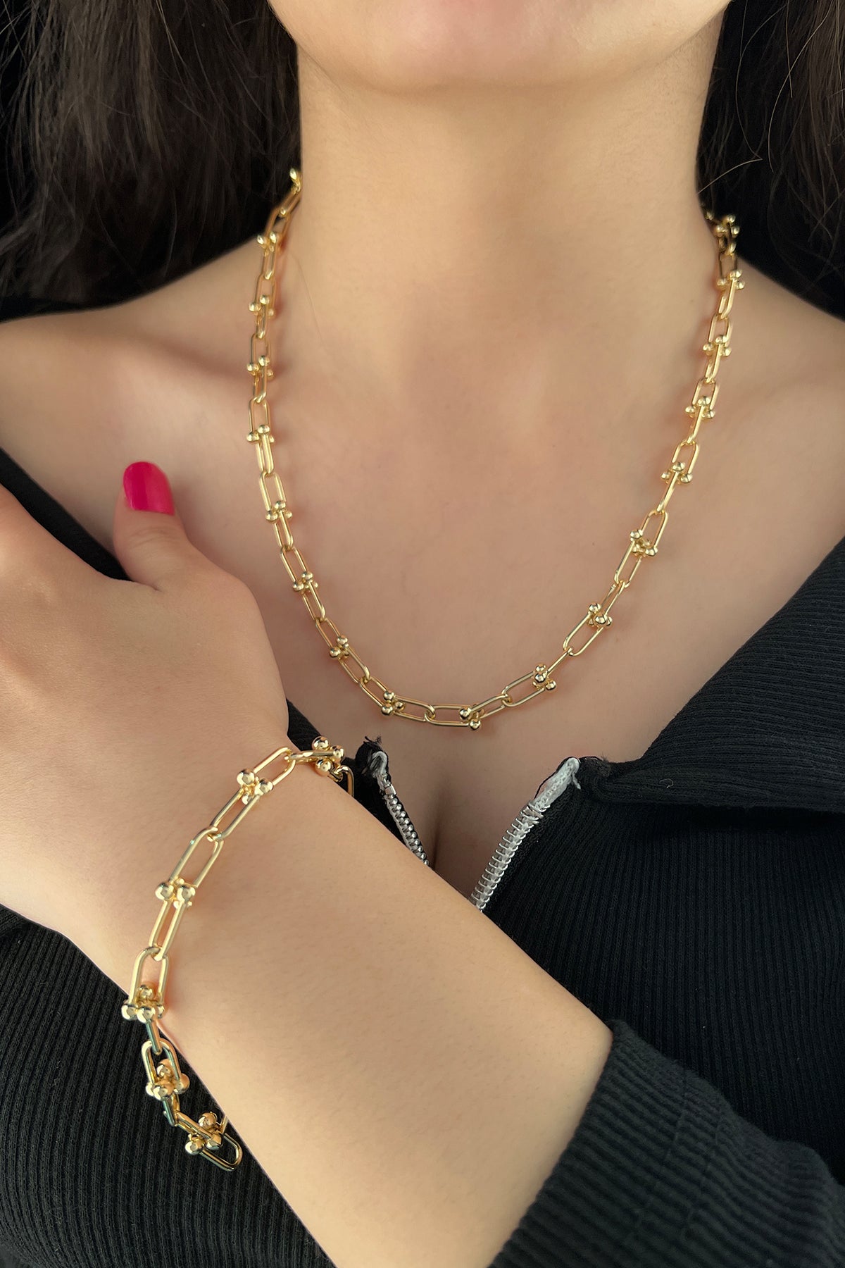 14K Gold Bauble Paperclip Set ( Chain - Bracelet )