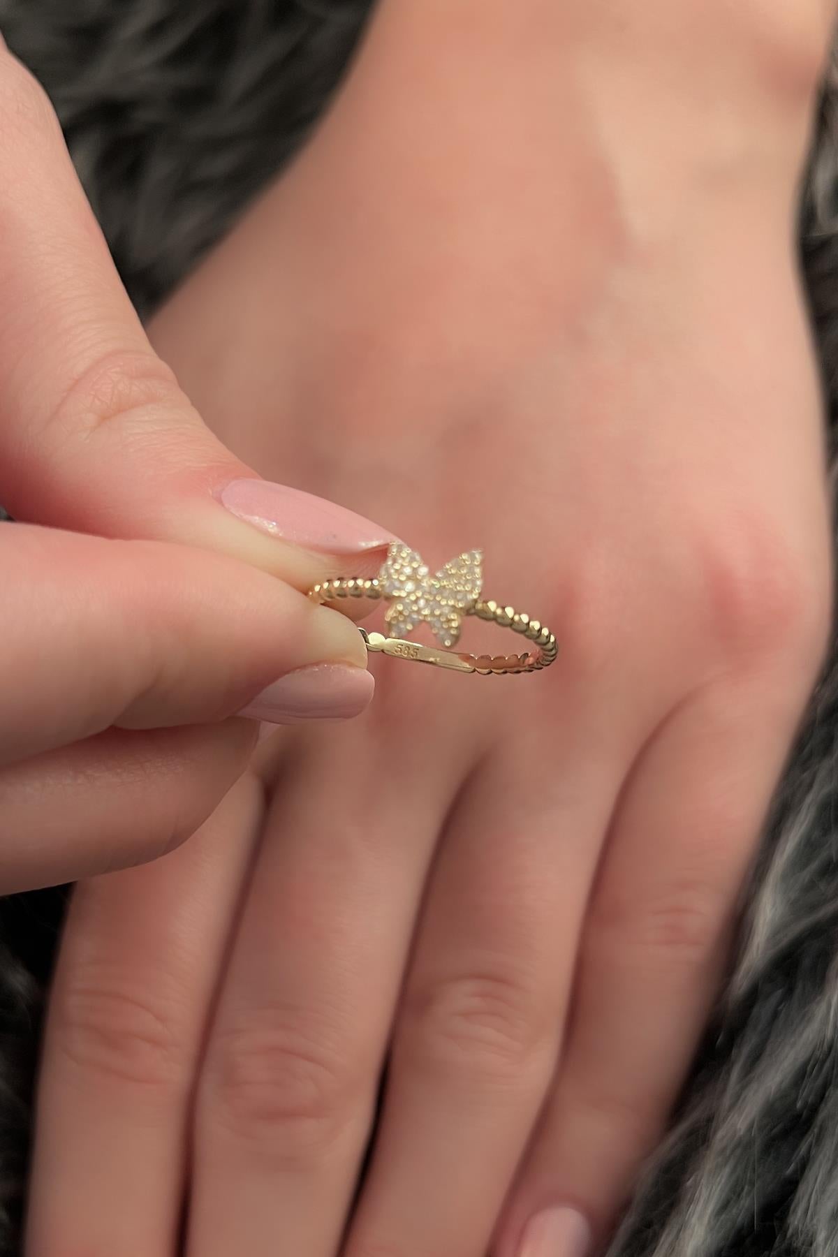 14K Gold Beaded Butterfly Ring With Stone