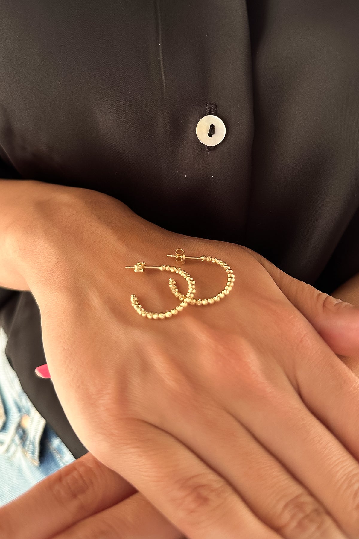 14K Gold Beaded Hoop Earrings