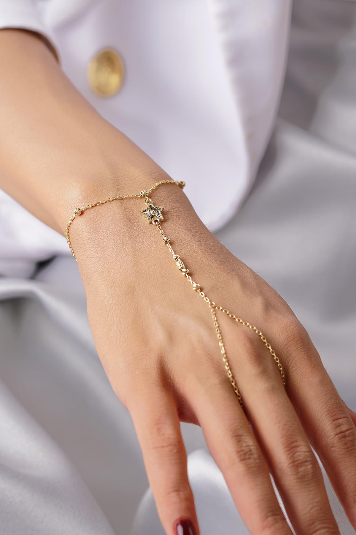 14K Gold Beaded Lucky Star Hand Chain