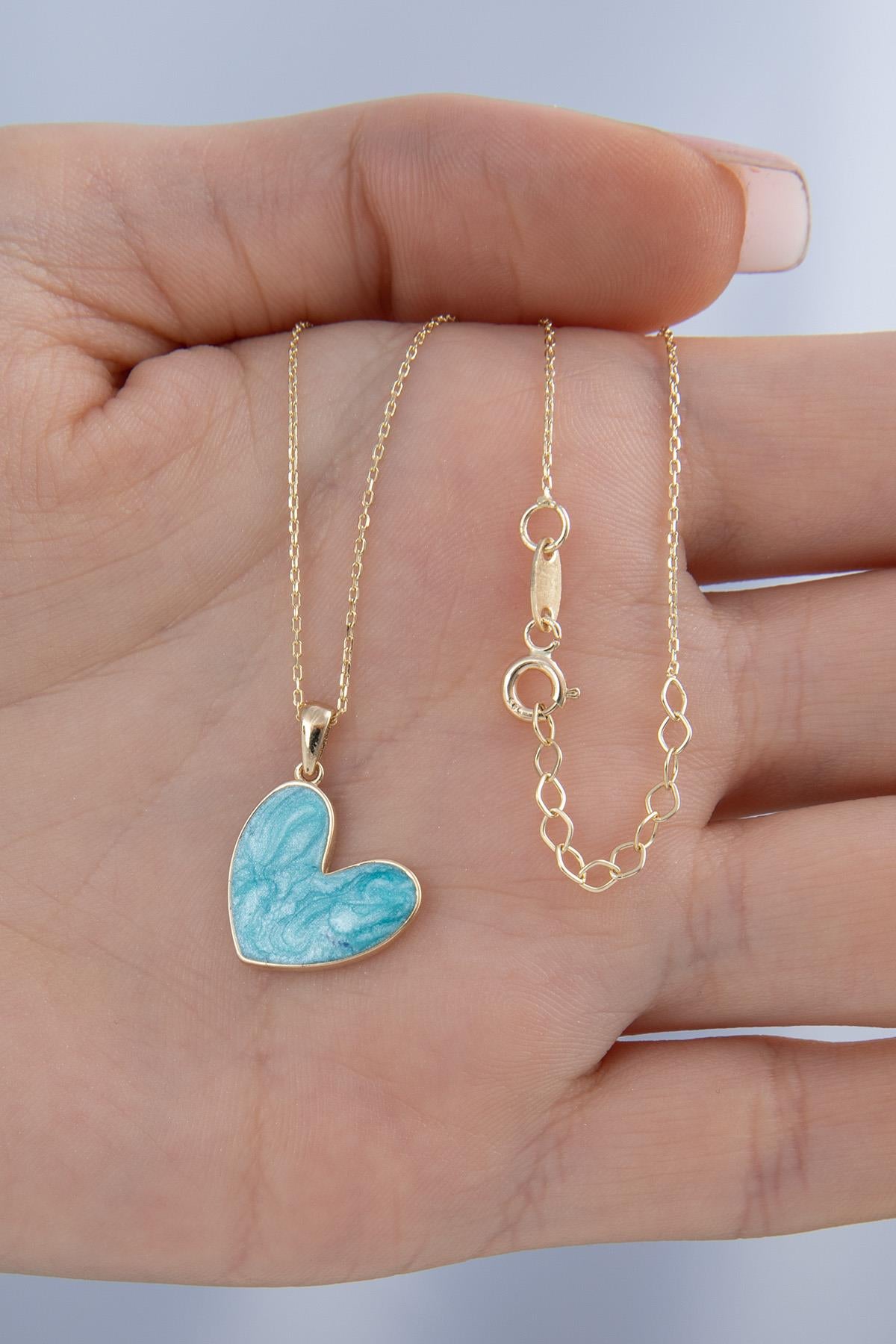 14K Gold Blue Enamel Heart Shape Necklace