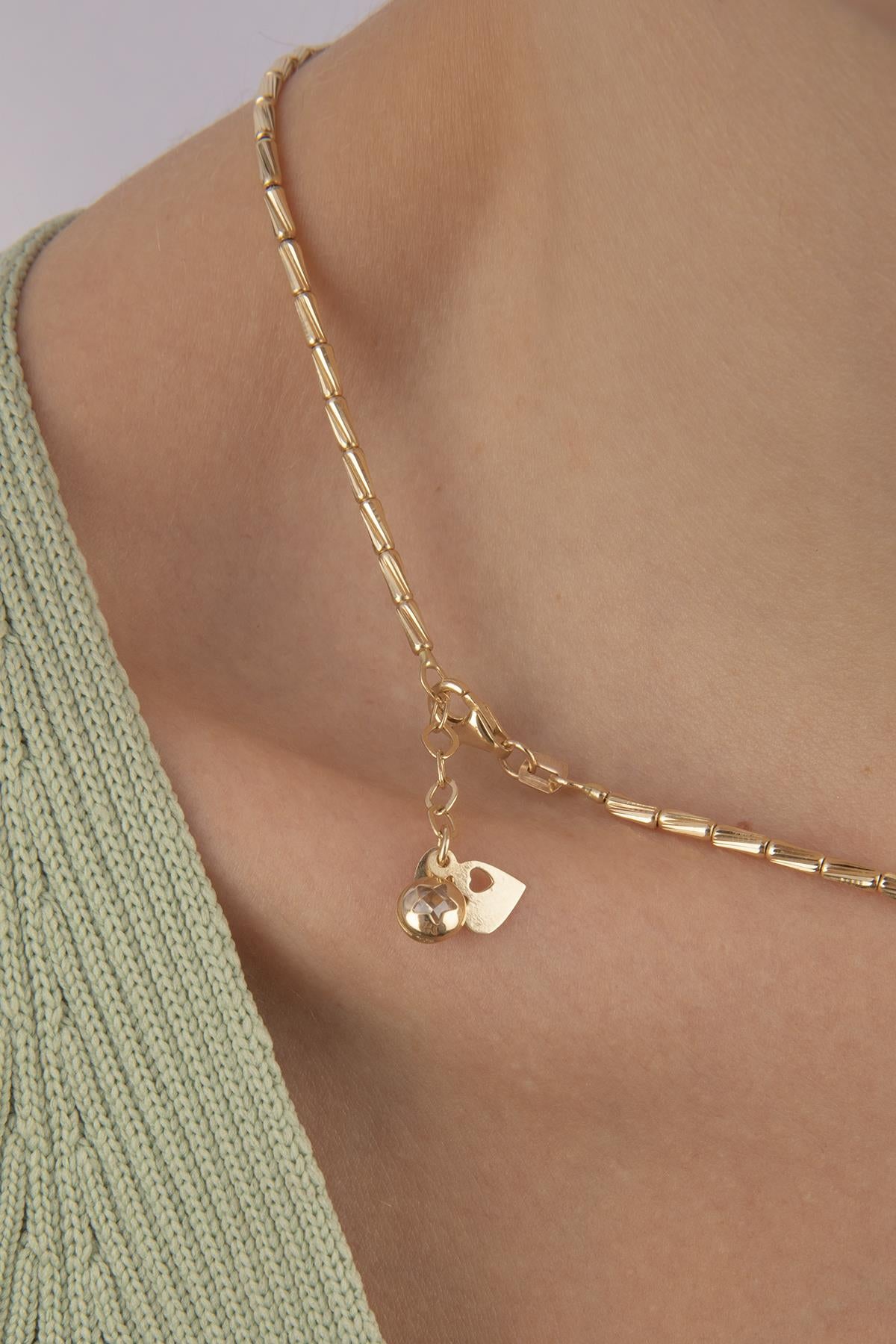 14K Gold Bright Lumina Bars Chain With Mini Heart Dangle