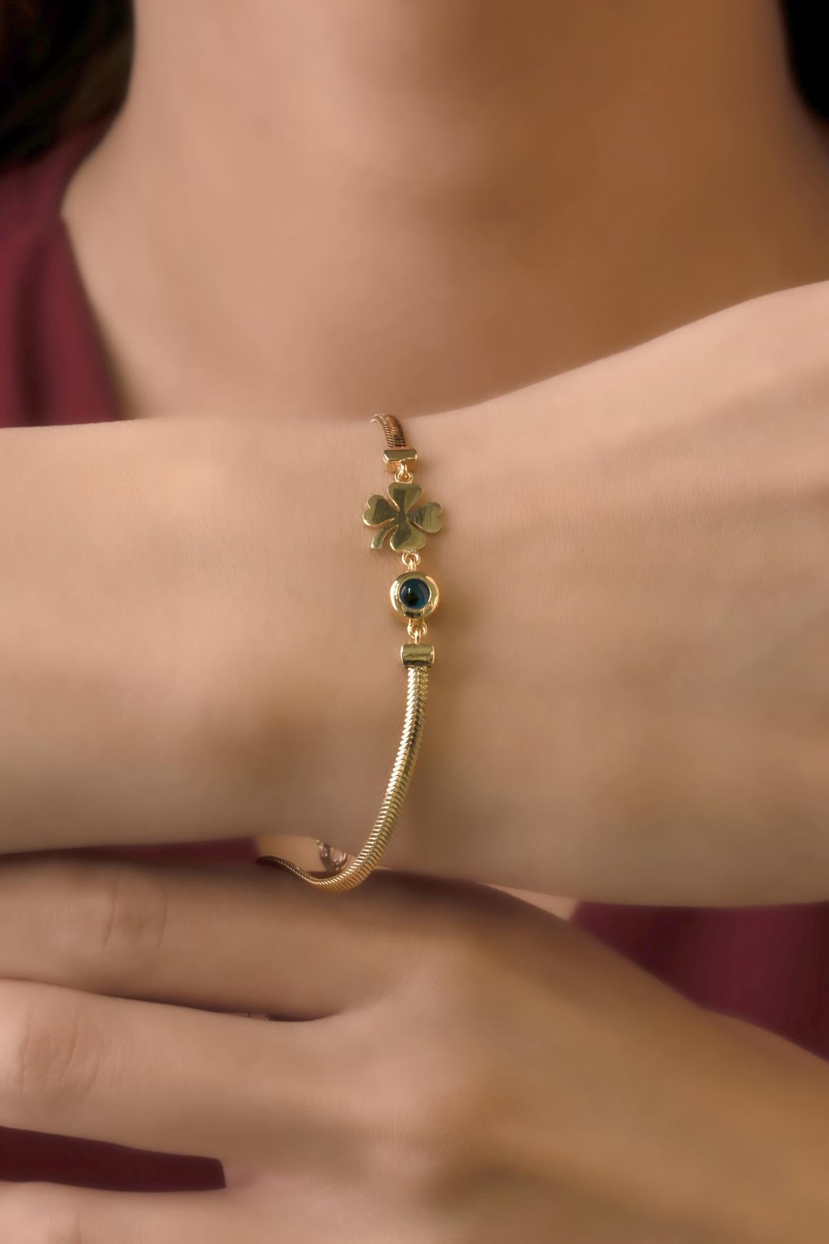 14K Gold Classic Snake Chain Bracelet With Four Leaf Clover Evil Eye Charm
