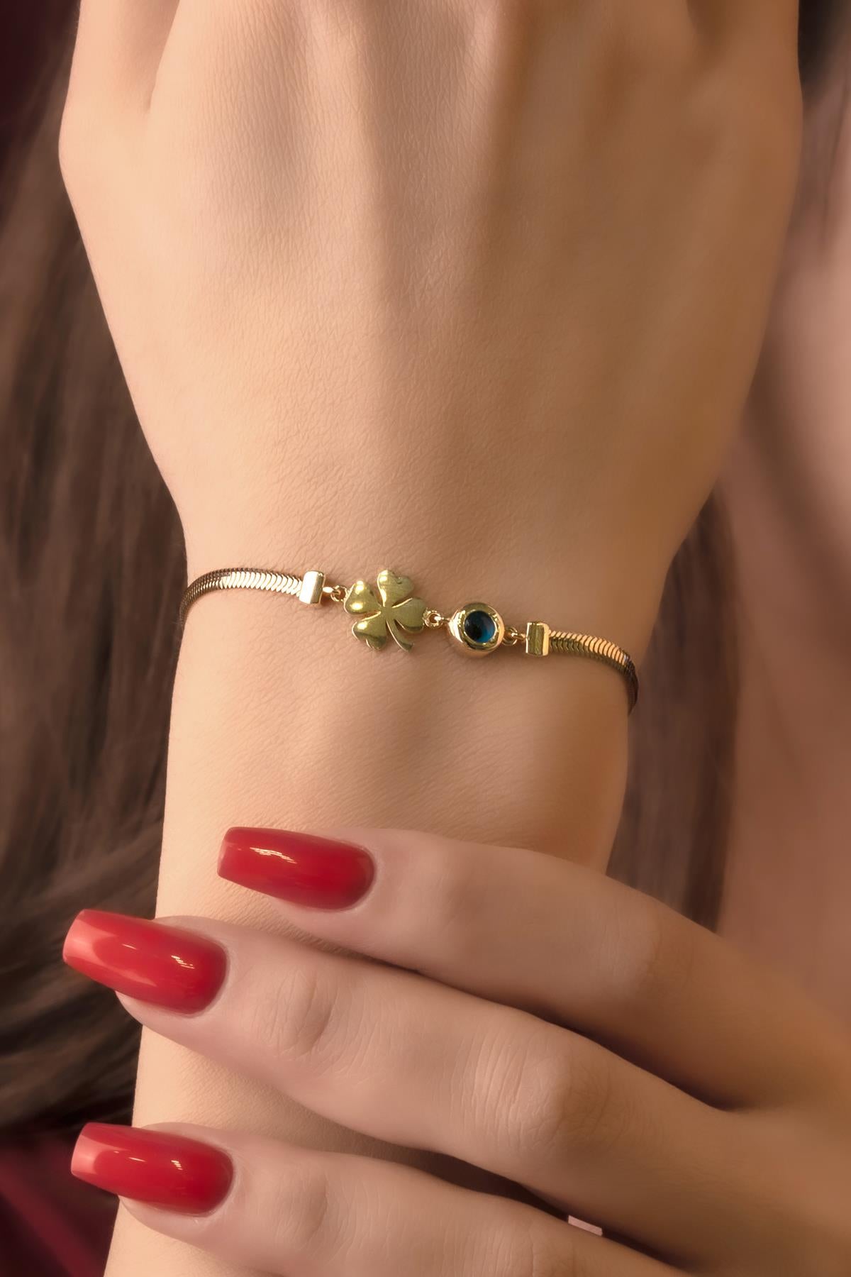 14K Gold Classic Snake Chain Bracelet With Four Leaf Clover Evil Eye Charm