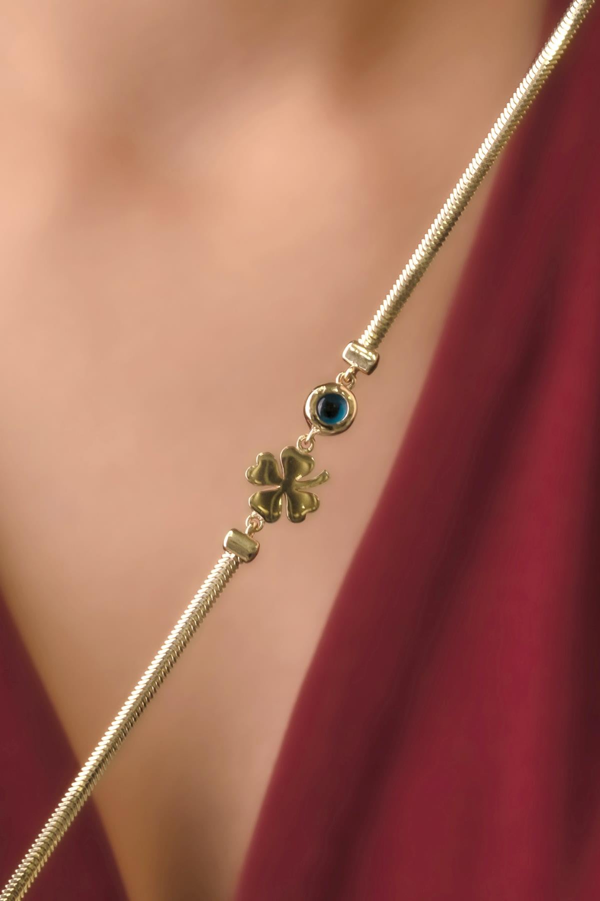 14K Gold Classic Snake Chain Bracelet With Four Leaf Clover Evil Eye Charm
