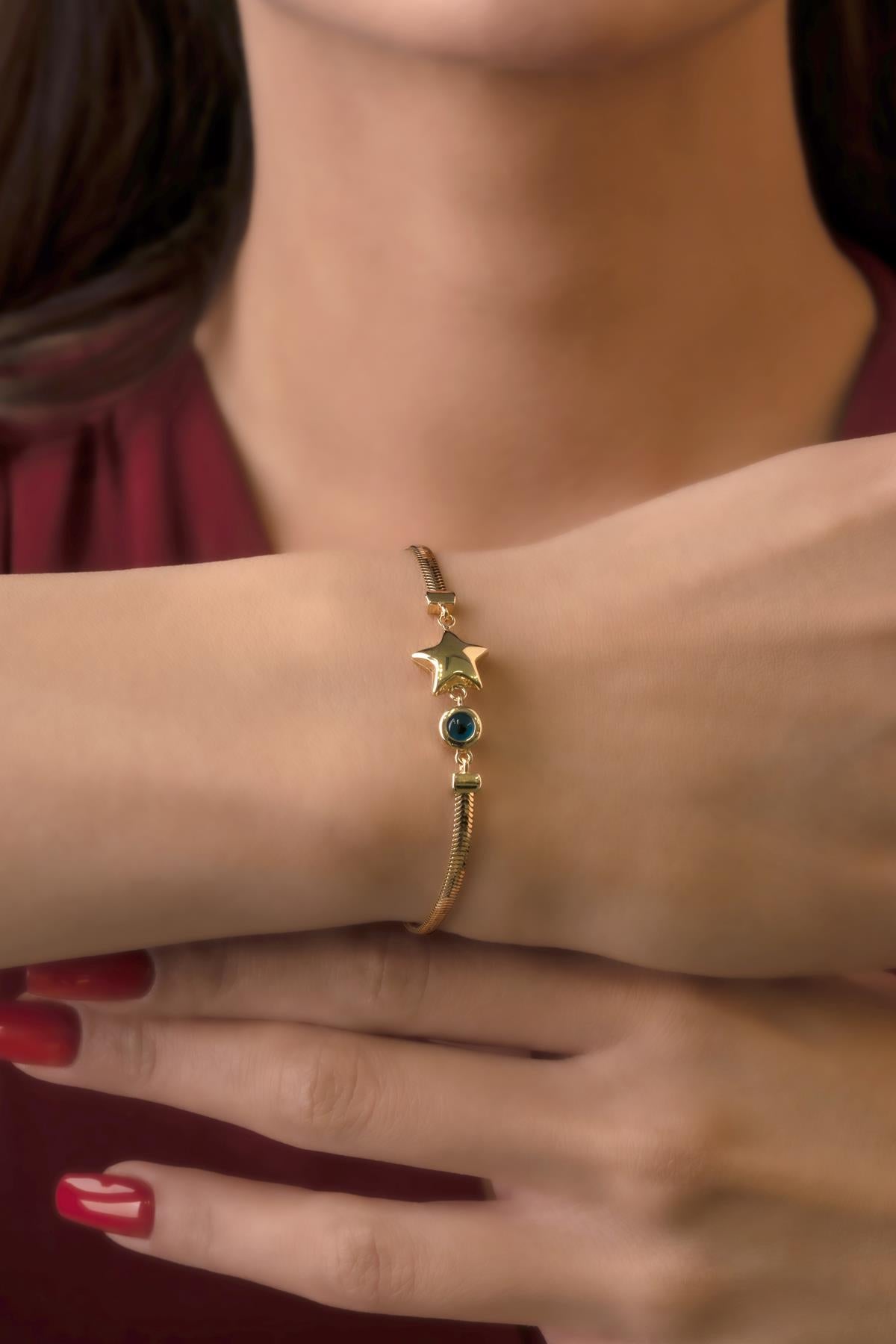 14K Gold Classic Snake Chain Bracelet With Puffy Star Evil Eye Charm