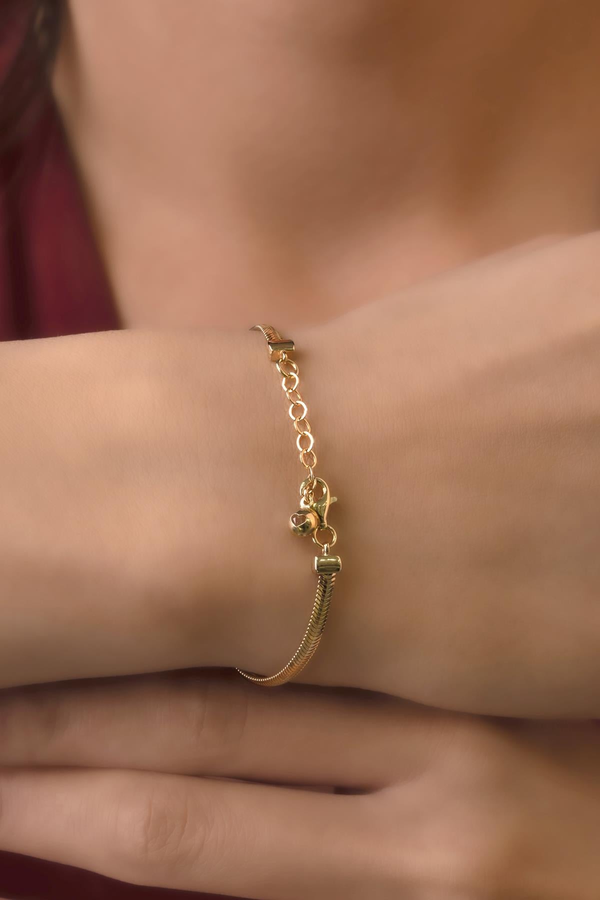 14K Gold Classic Snake Chain Bracelet With Puffy Star Evil Eye Charm