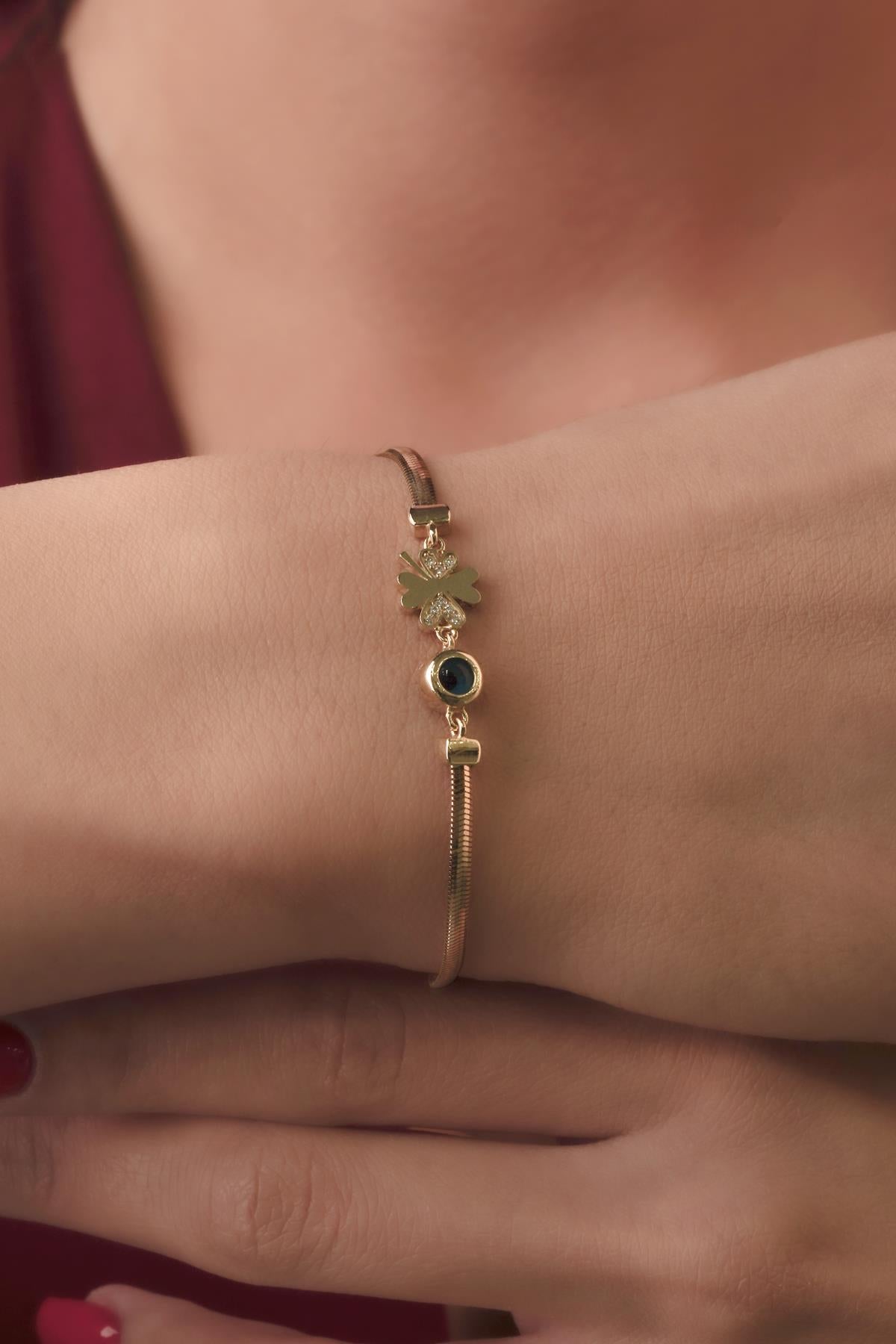 14K Gold Classic Snake Chain Bracelet With Stoney Four Leaf Clover Evil Eye Charm