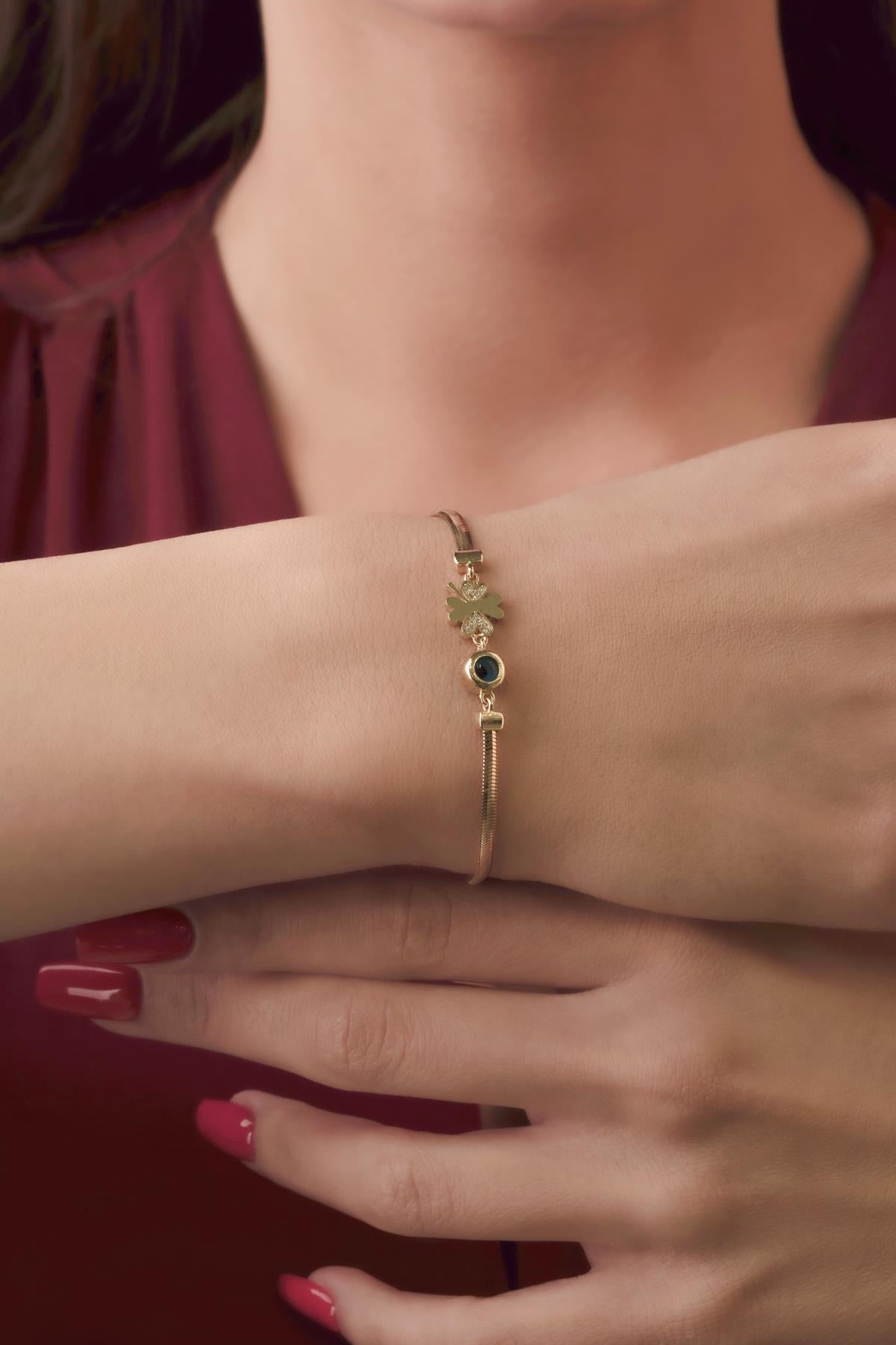 14K Gold Classic Snake Chain Bracelet With Stoney Four Leaf Clover Evil Eye Charm
