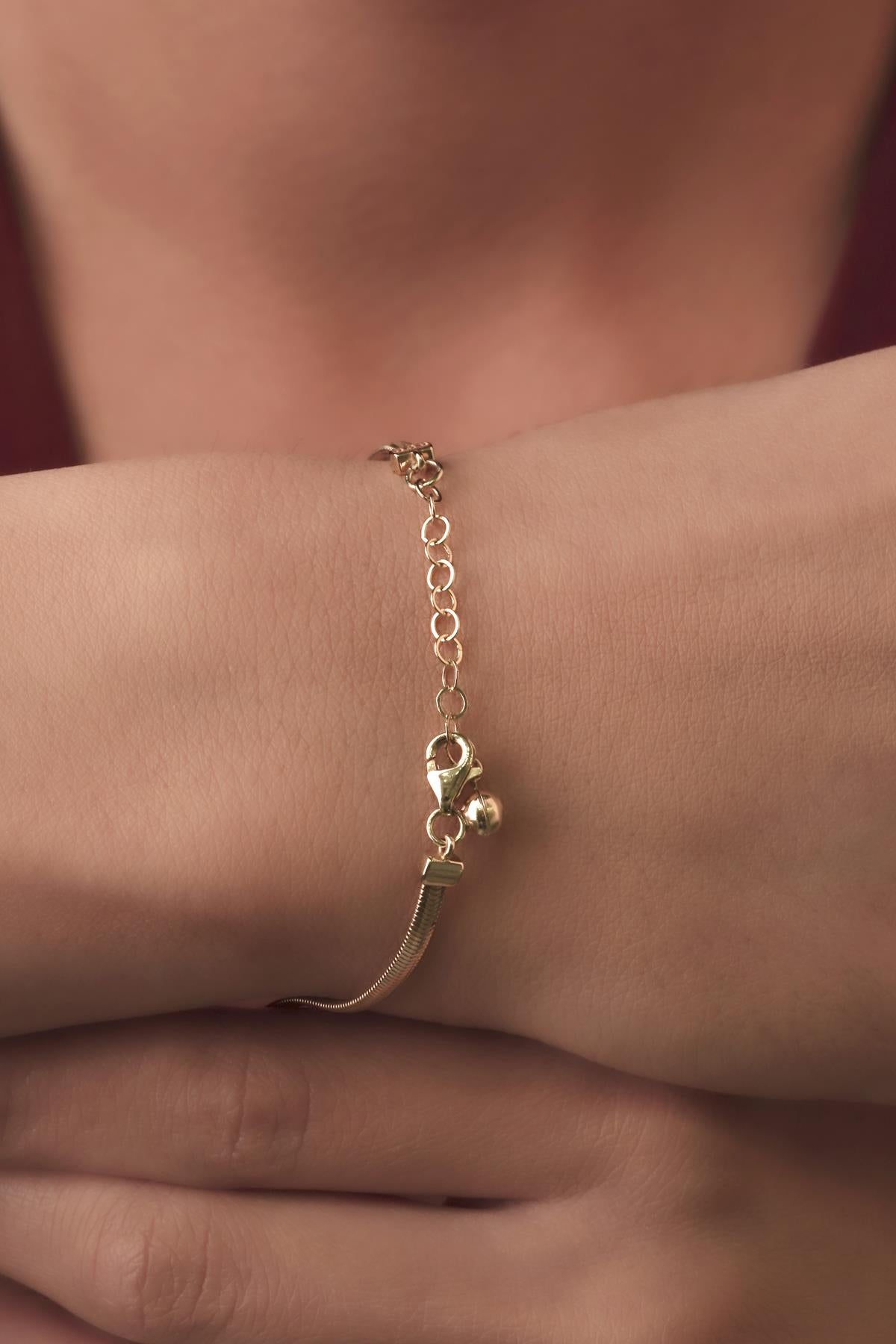 14K Gold Classic Snake Chain Bracelet With Stoney Four Leaf Clover Evil Eye Charm