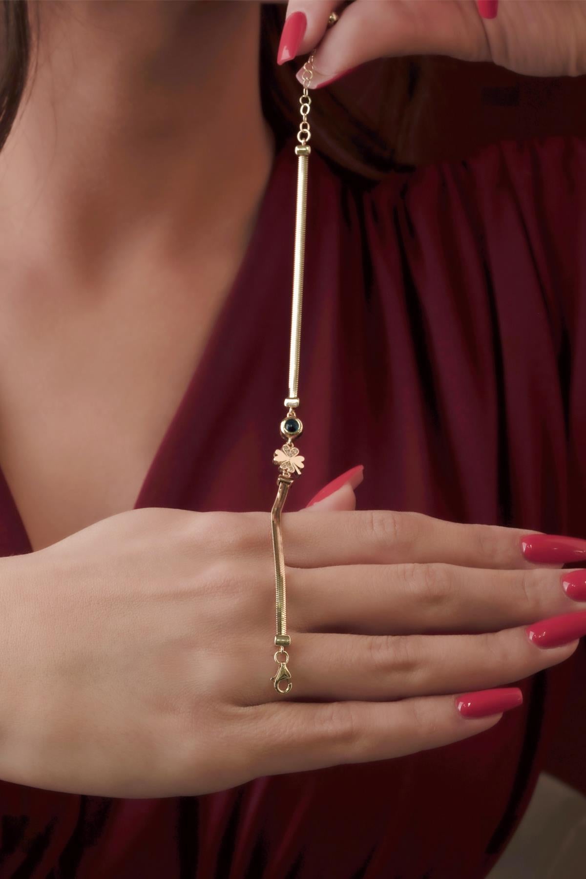 14K Gold Classic Snake Chain Bracelet With Stoney Four Leaf Clover Evil Eye Charm