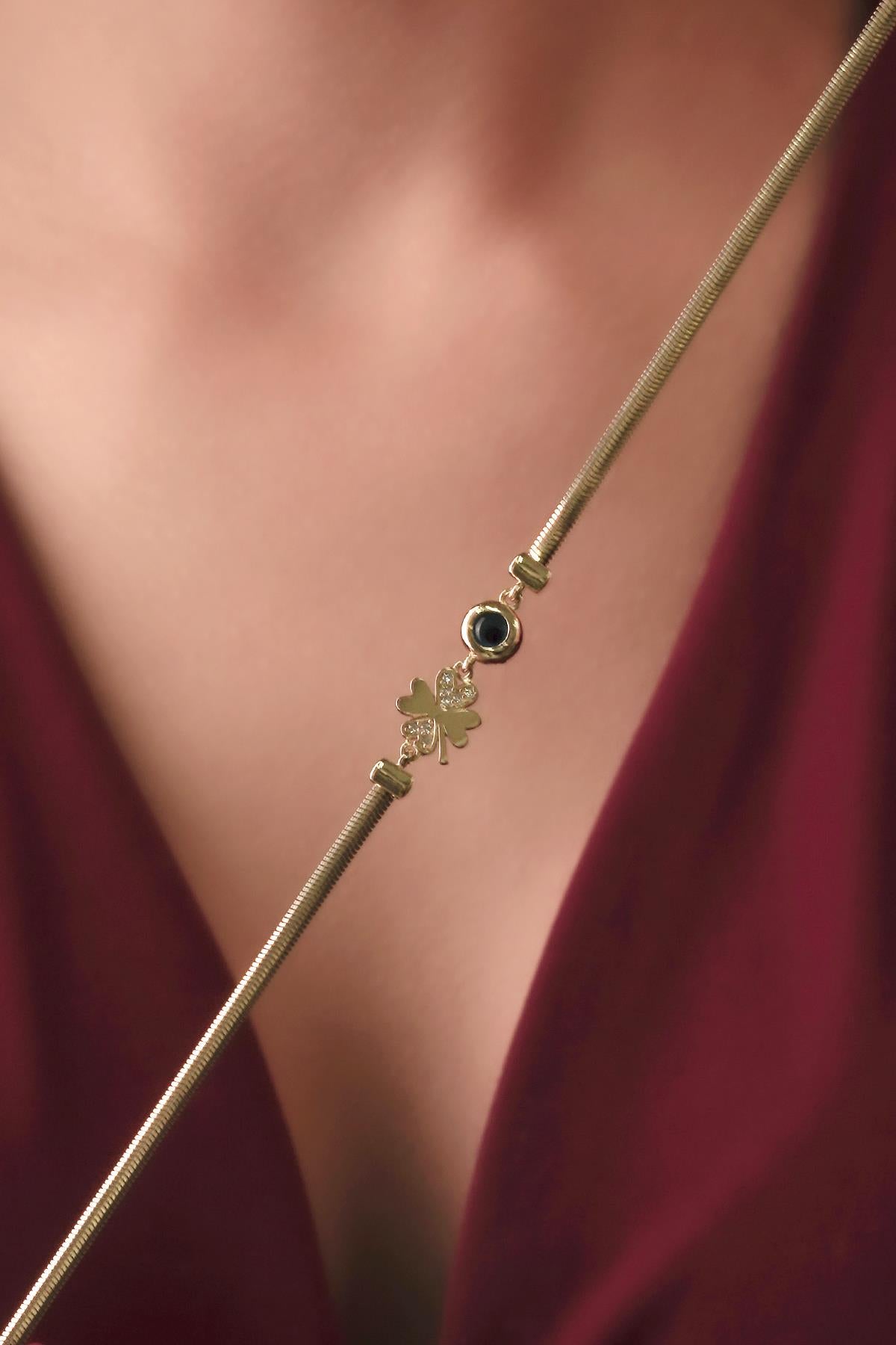 14K Gold Classic Snake Chain Bracelet With Stoney Four Leaf Clover Evil Eye Charm