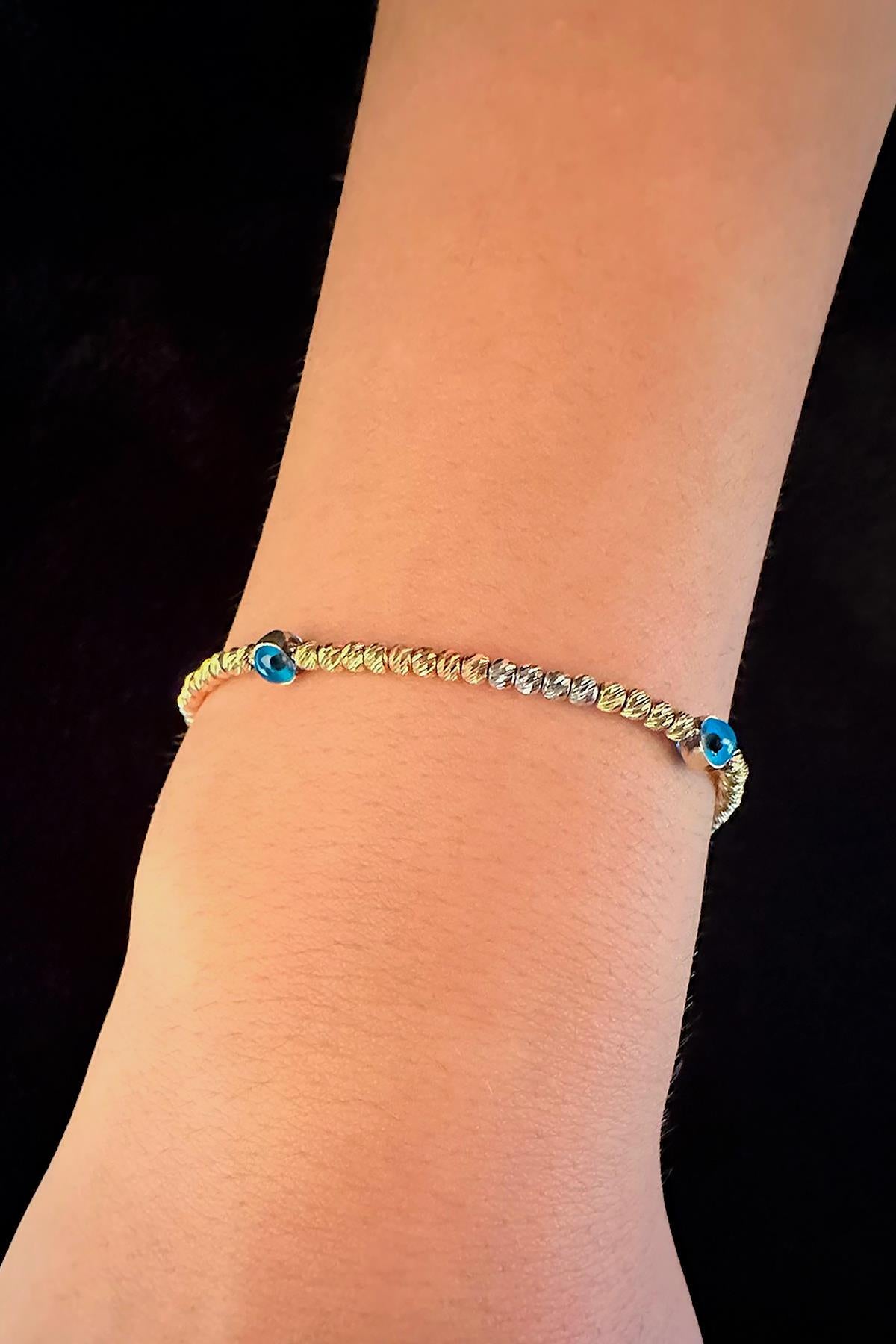 14K Gold Colored Beaded Dorica 3 Evil Eye Bracelet