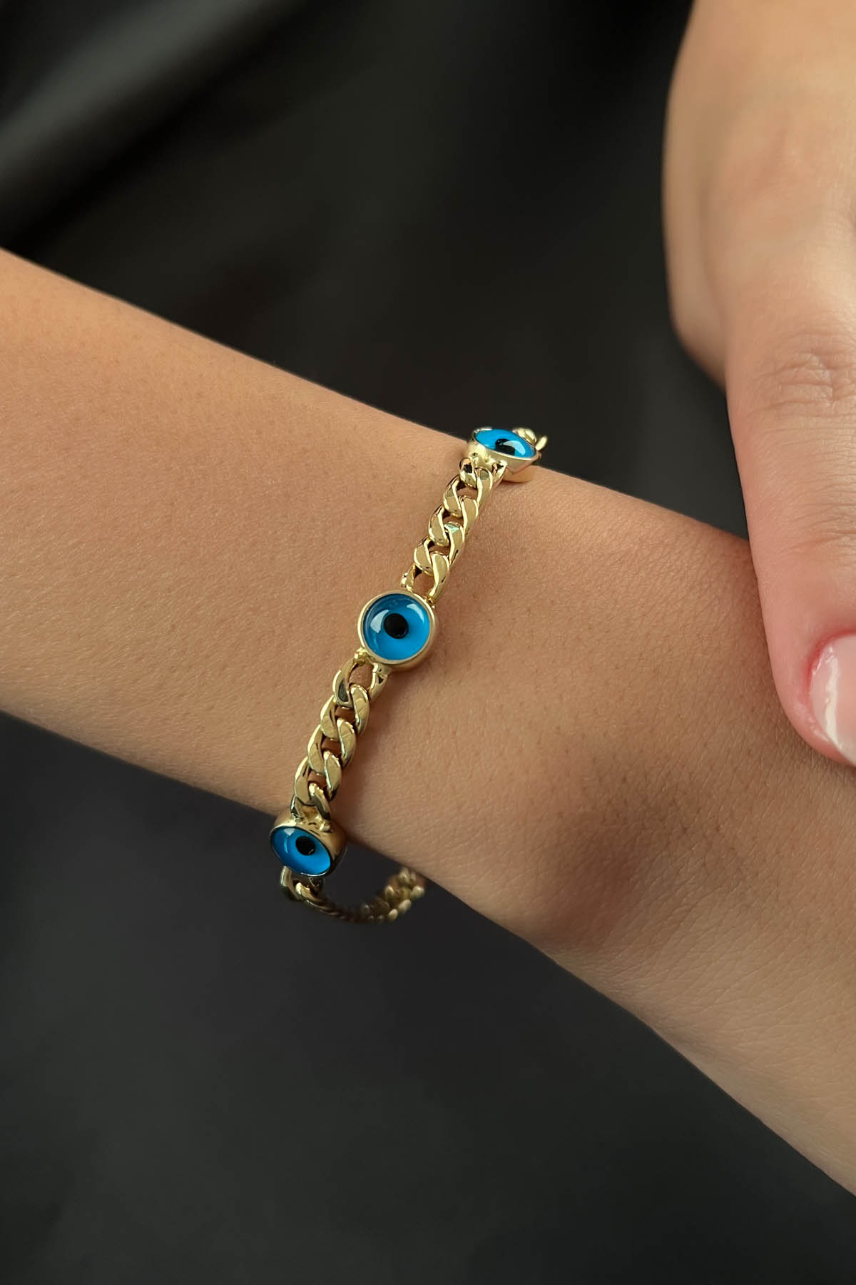 14K Gold Cuban Curb Evil Eye Chain Bracelet