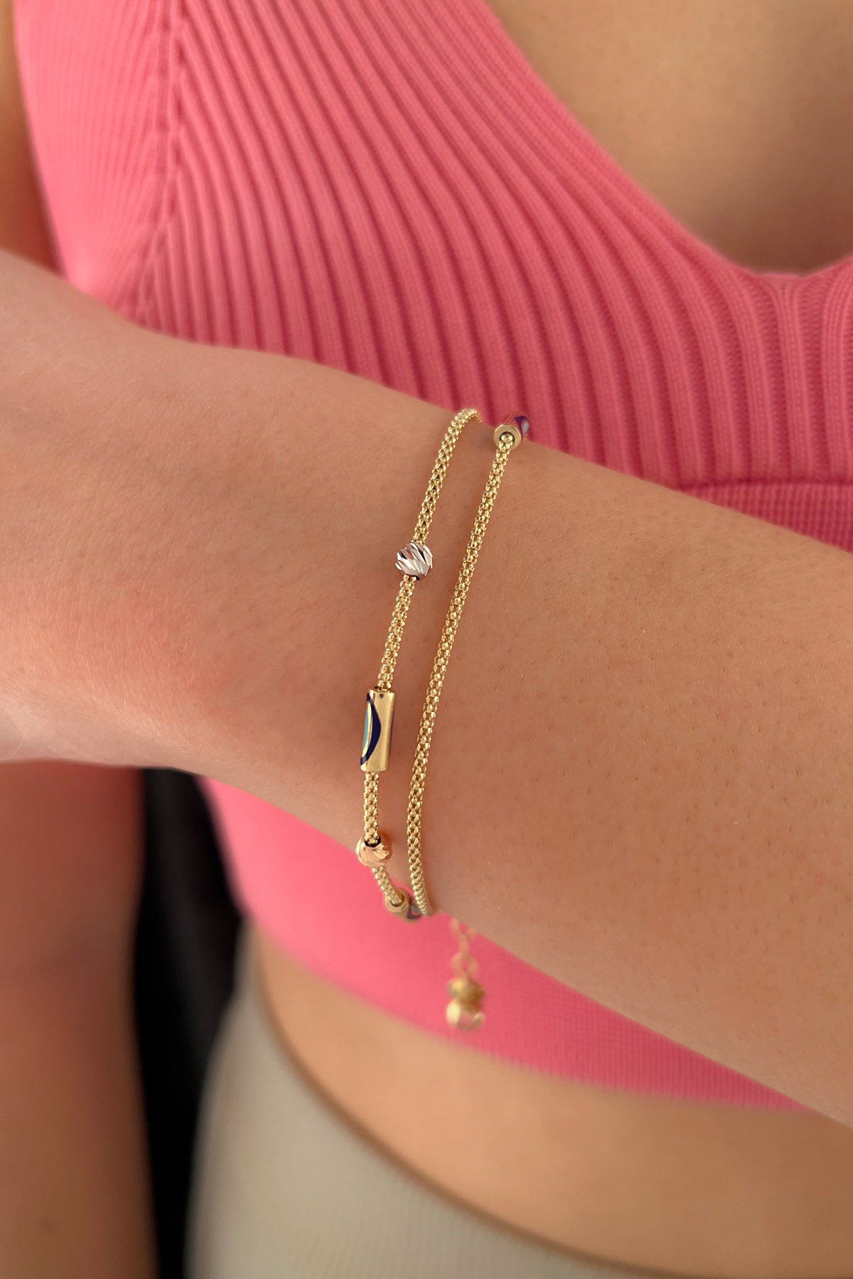 14K Gold Double Fox Tail Bracelet with Evil Eye Detail