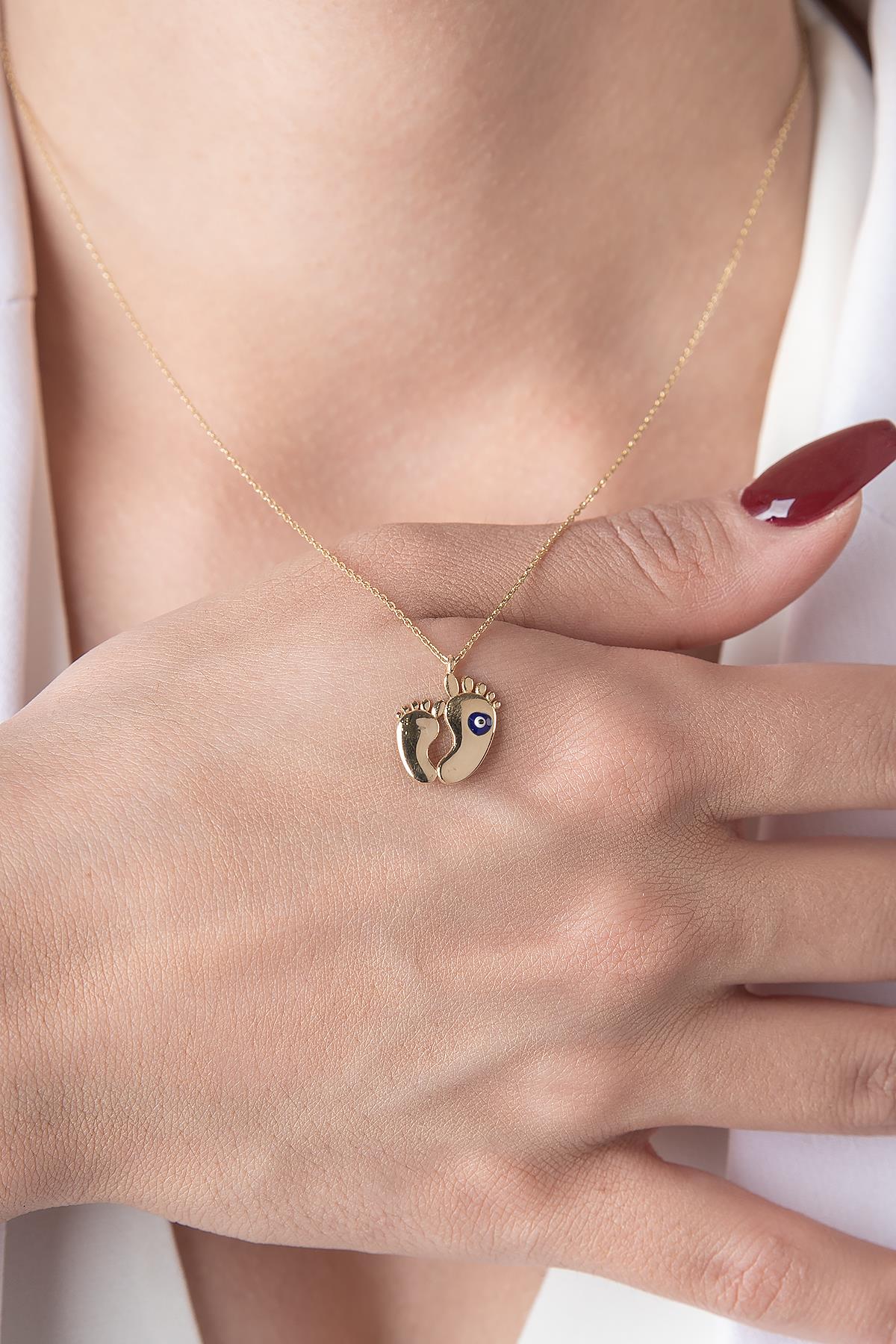 14K Gold Evil Eye Baby Footprint Necklace