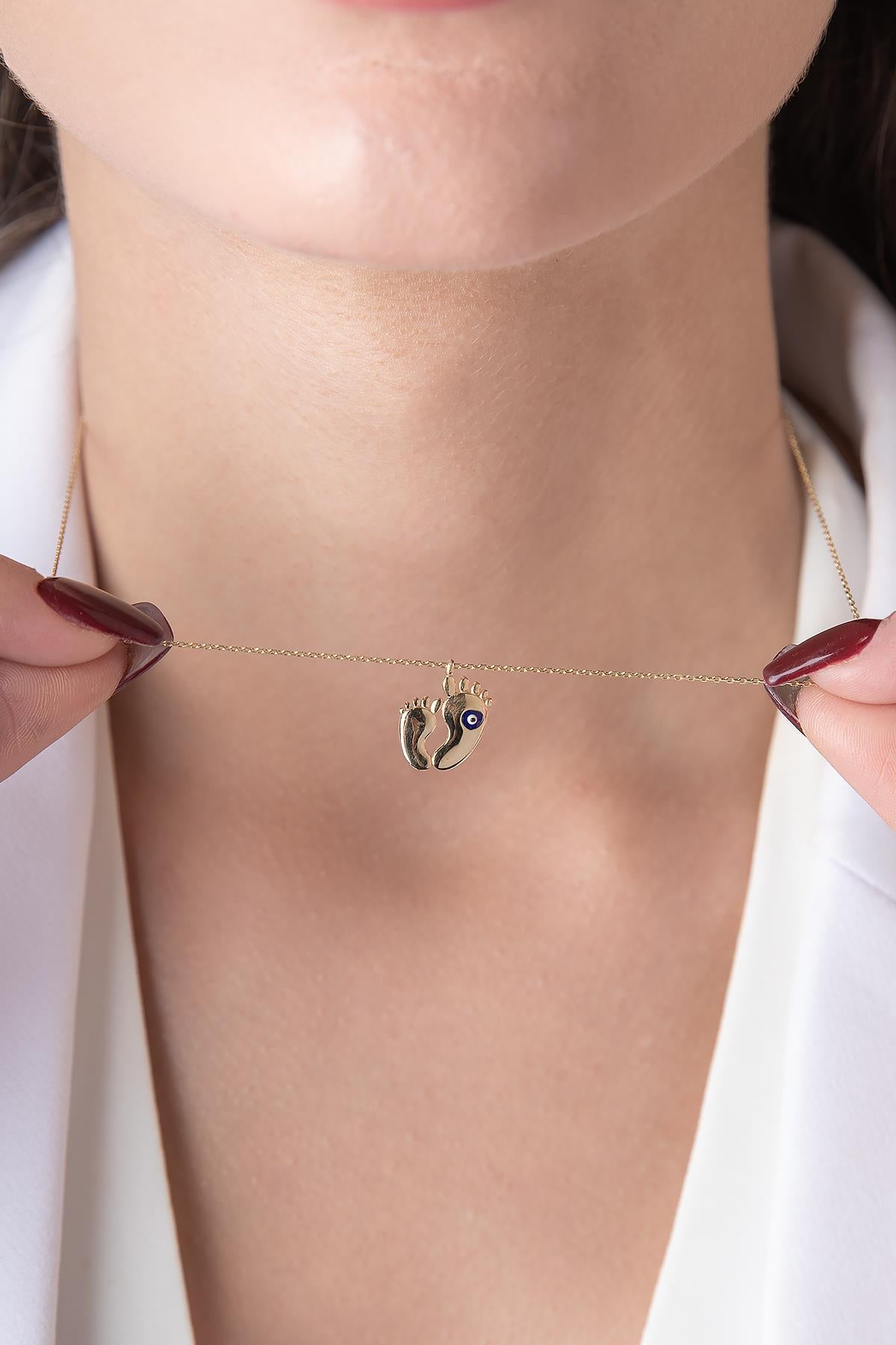 14K Gold Evil Eye Baby Footprint Necklace