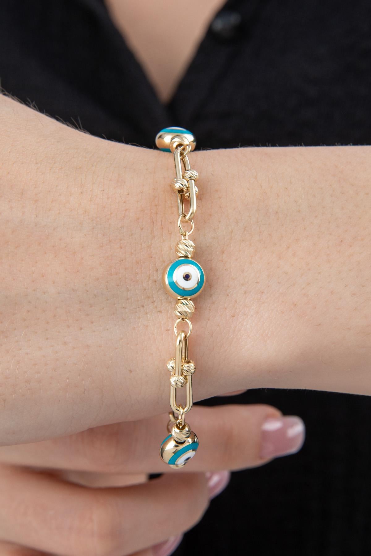 14K Gold Evil Eye Beaded Ball Paperclip Chain Bracelet