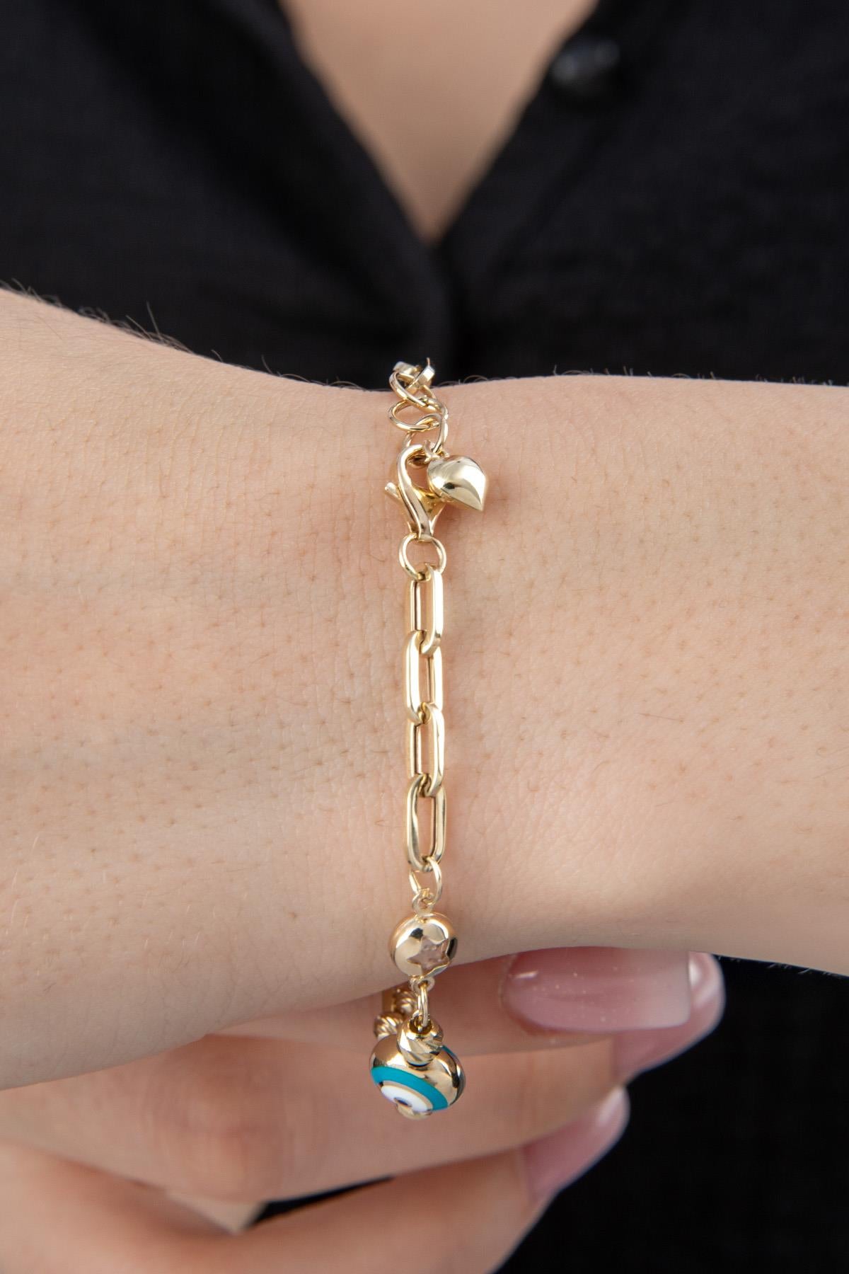 14K Gold Evil Eye Beaded Ball Paperclip Chain Bracelet