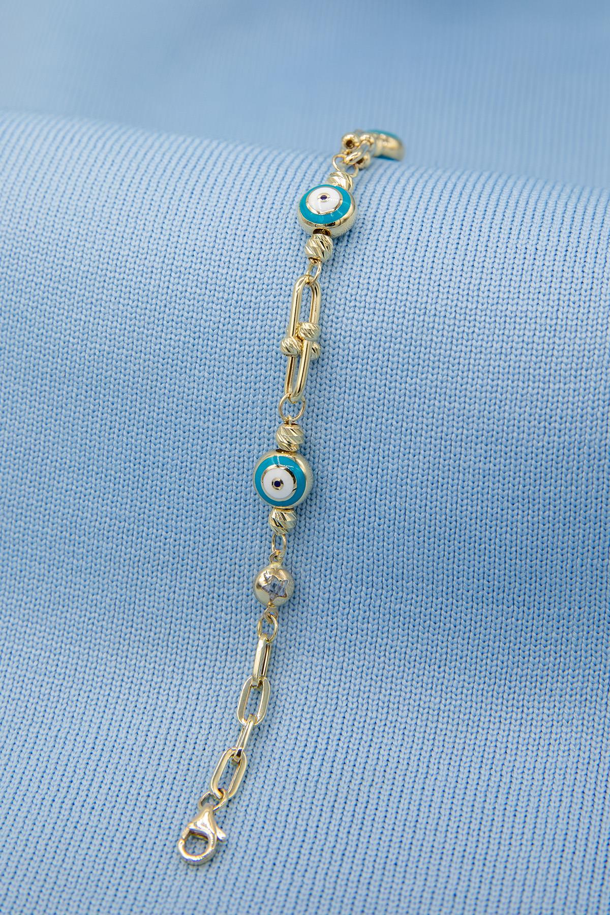 14K Gold Evil Eye Beaded Ball Paperclip Chain Bracelet