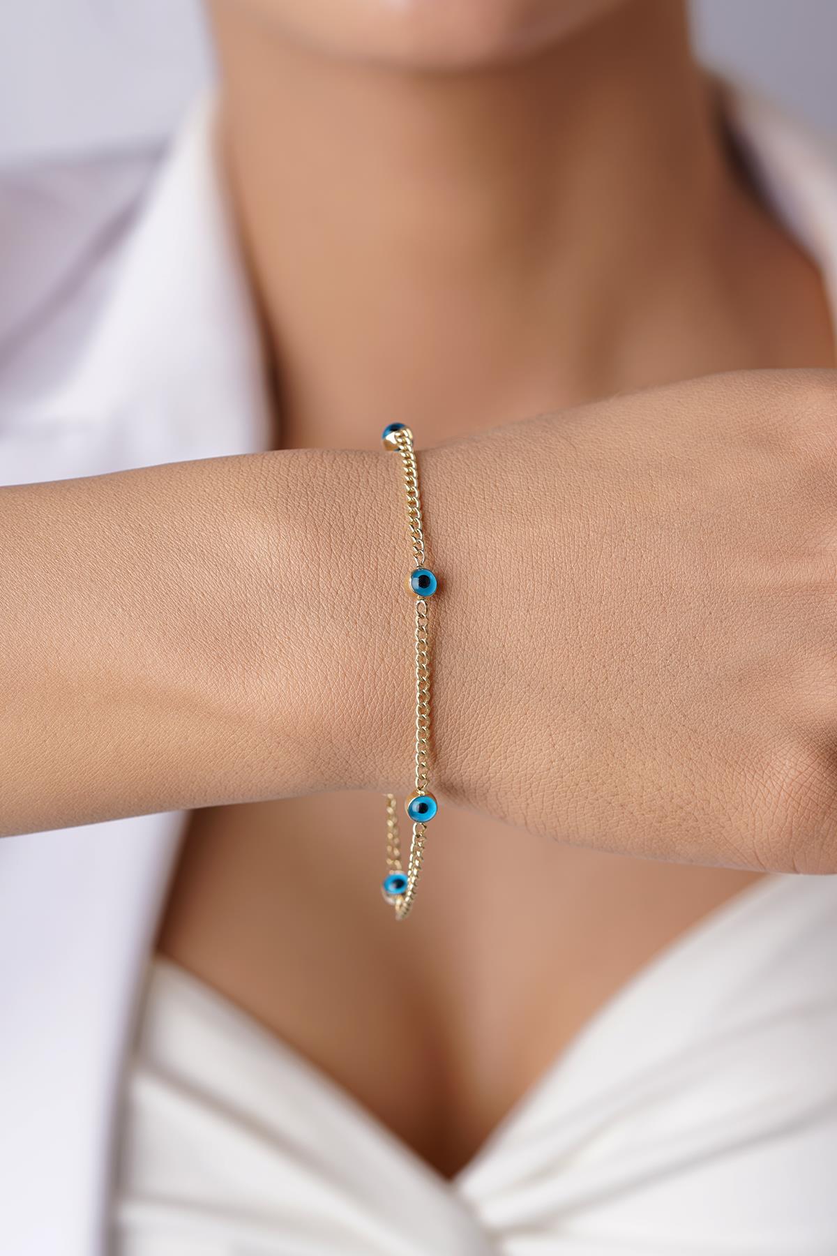 14K Gold Evil Eye on Cuban Chain Bracelet