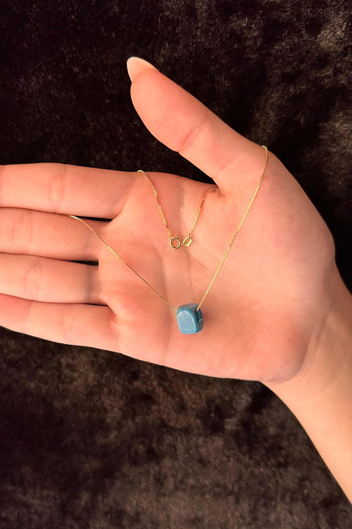 14K Gold Fine Box Chain Blue Box Necklace
