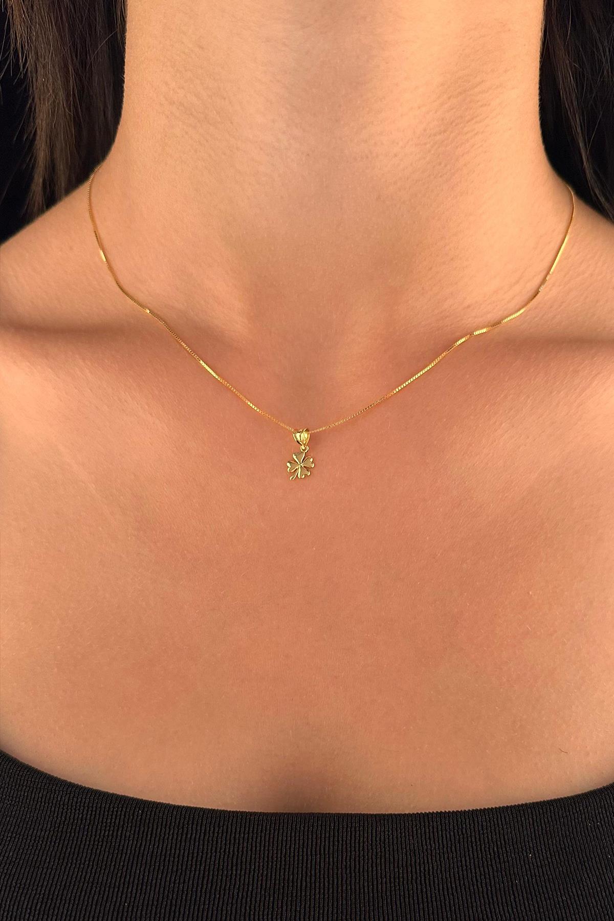 14K Gold Fine Box Chain Clover Necklace