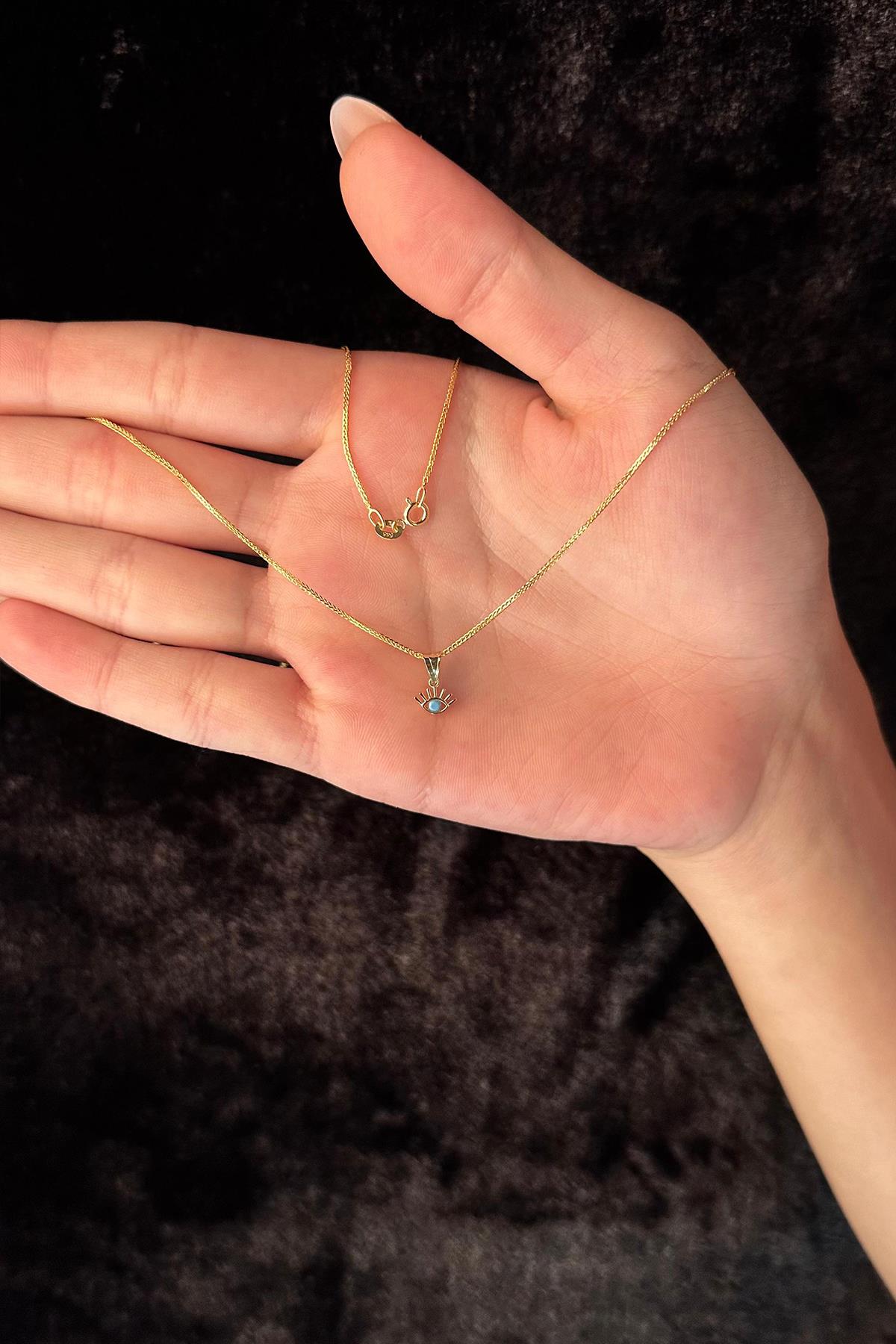14K Gold Fine Foxtail Evil Eye Necklace