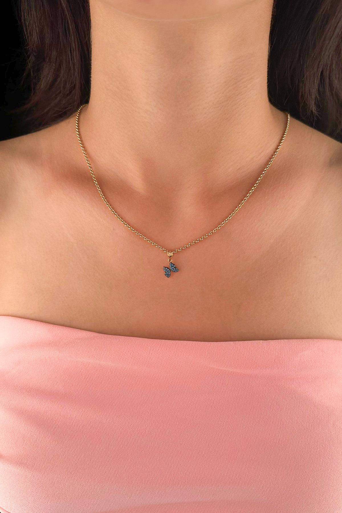 14K Gold Fine Rolo Chain Turquoise Stone Butterfly Necklace