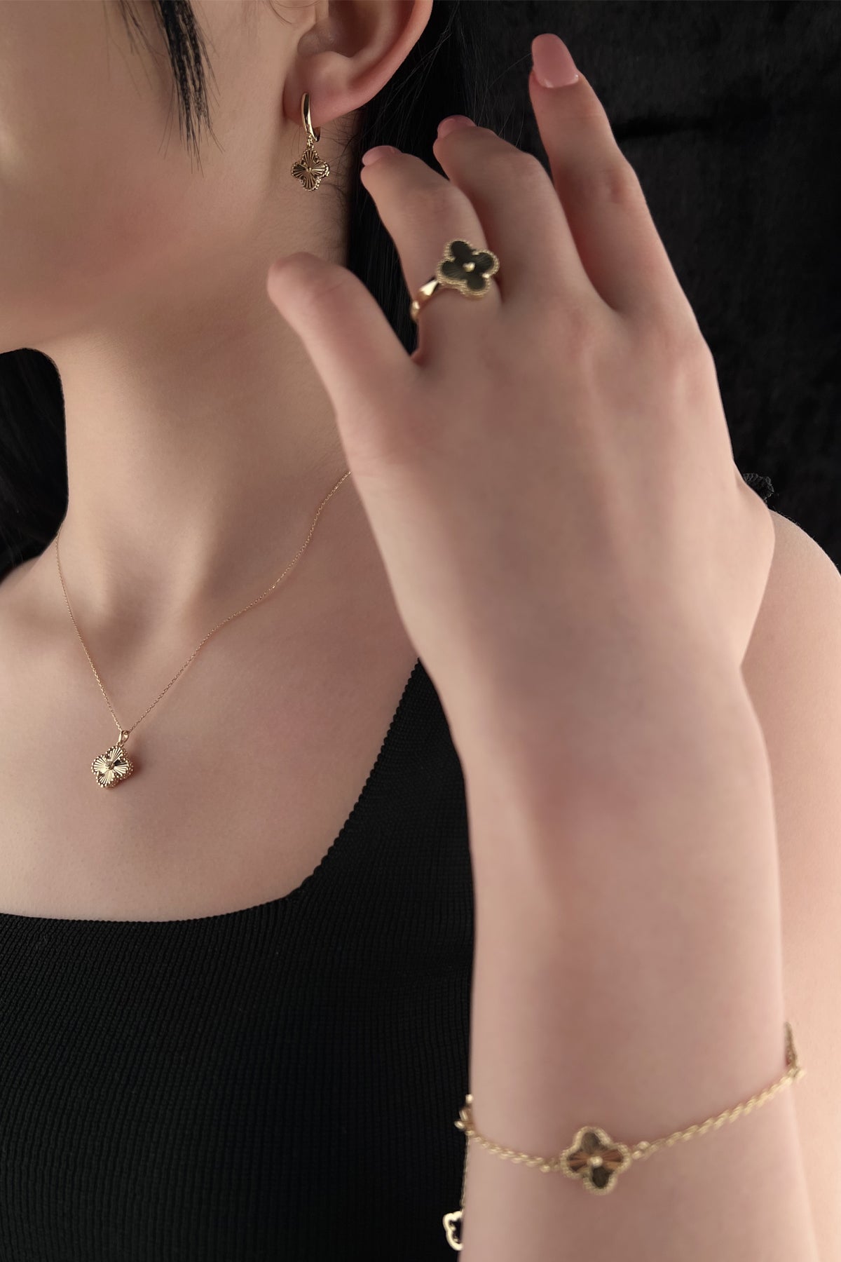 14K Gold Four Leaf Clover Set ( Necklace - Earrings - Ring - Bracelet )