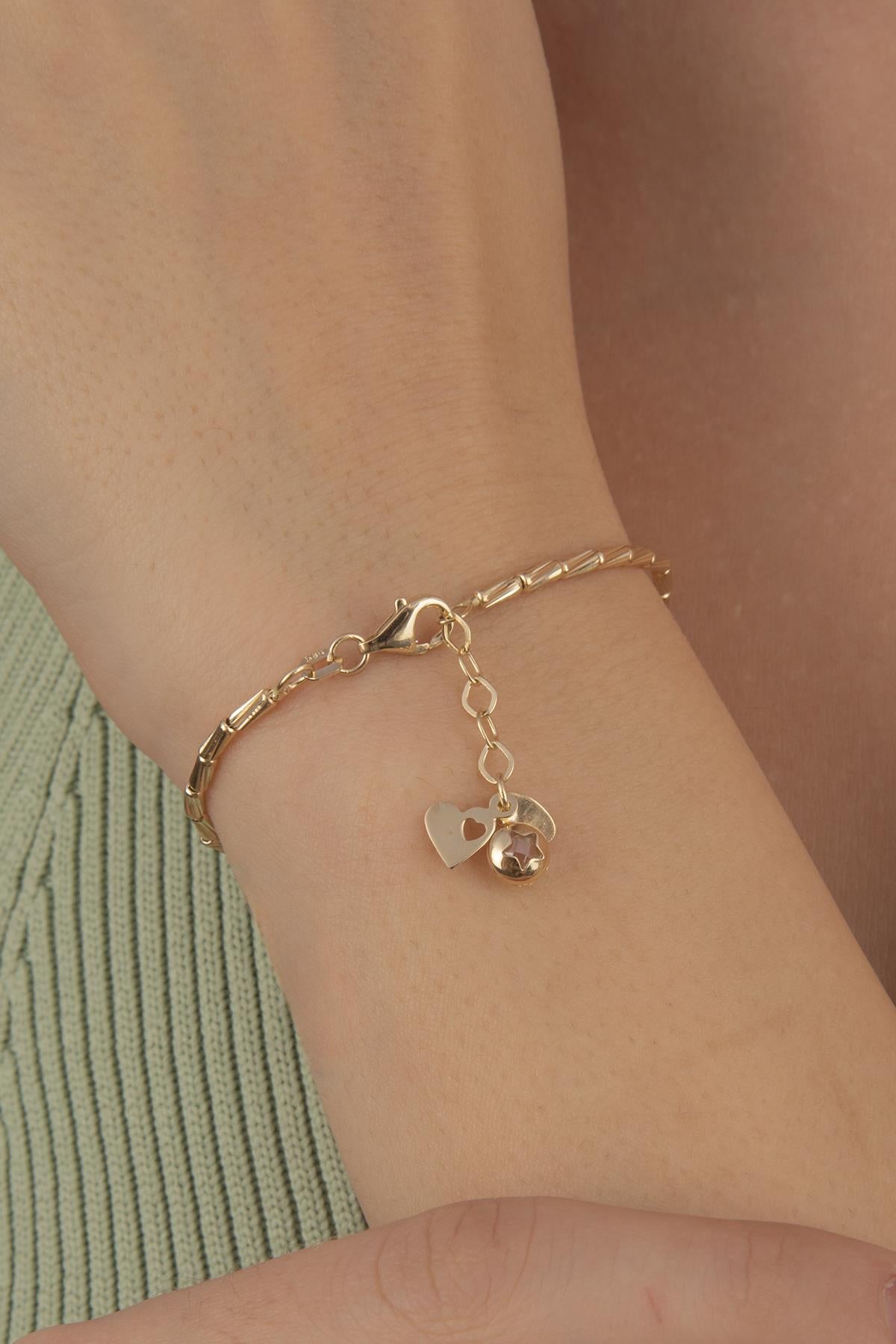 14K Gold Heart Dangle Roller Chain Bracelet
