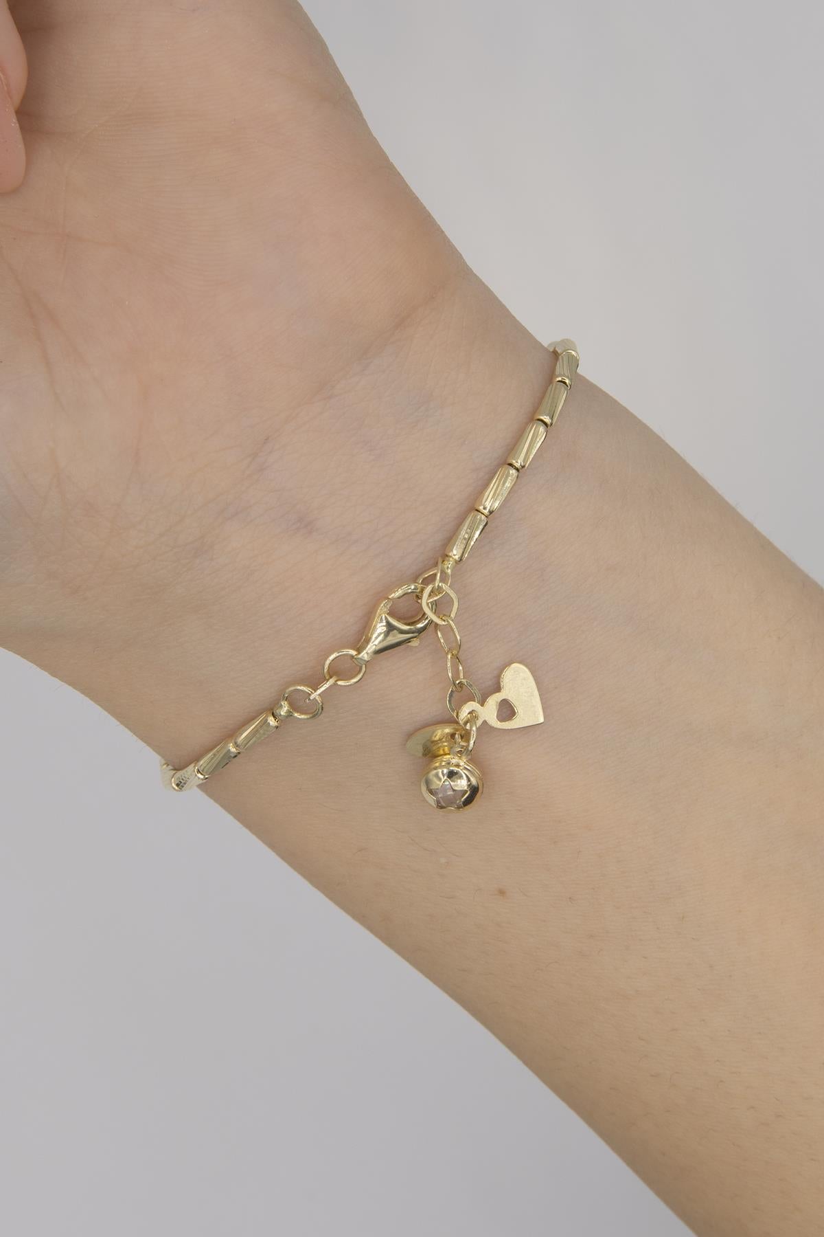 14K Gold Heart Dangle Roller Chain Bracelet