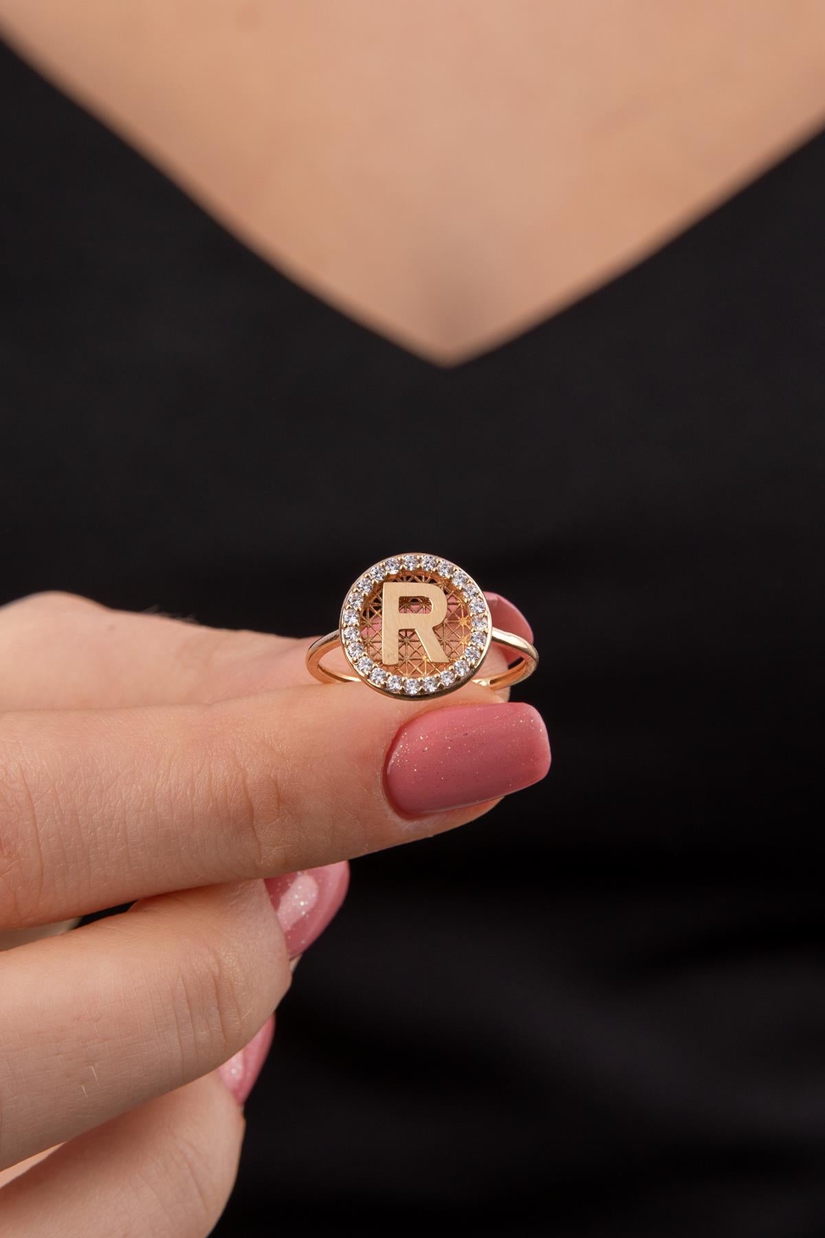 14K Gold Initial R Letter Ring