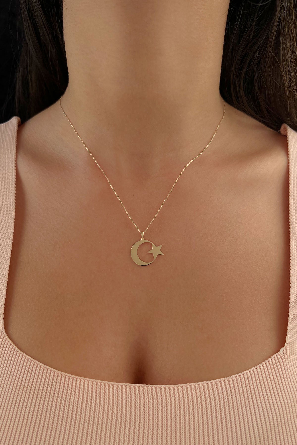 14K Gold Moon Star Necklace