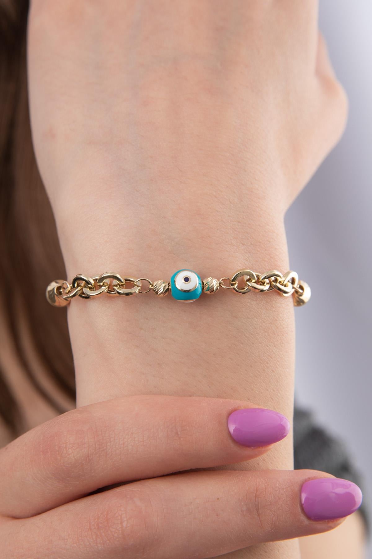 14K Gold Paperclip Evil Eye Special Designed Bracelet