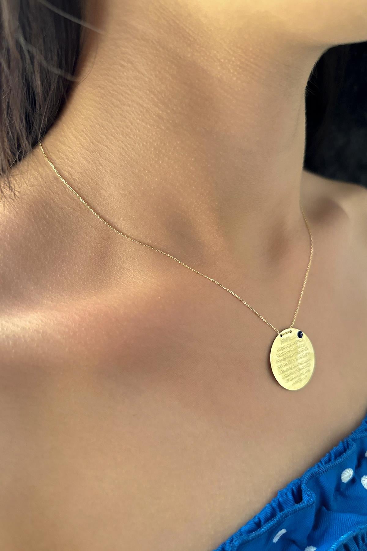 14K Gold Prayer Protection Written Round Evil Eye Necklace 1.023 inch