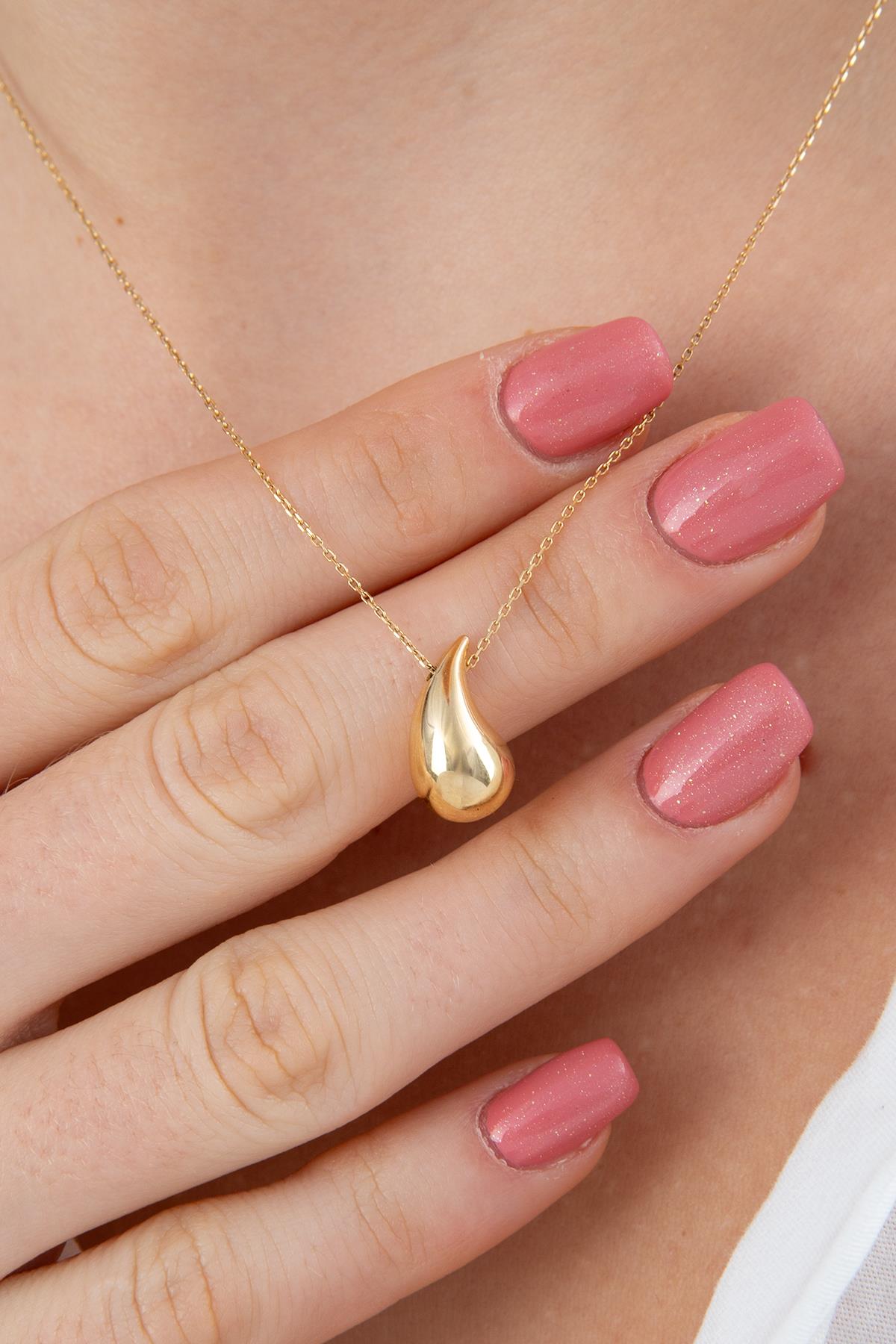 14K Gold Puff Drop Shape Necklace