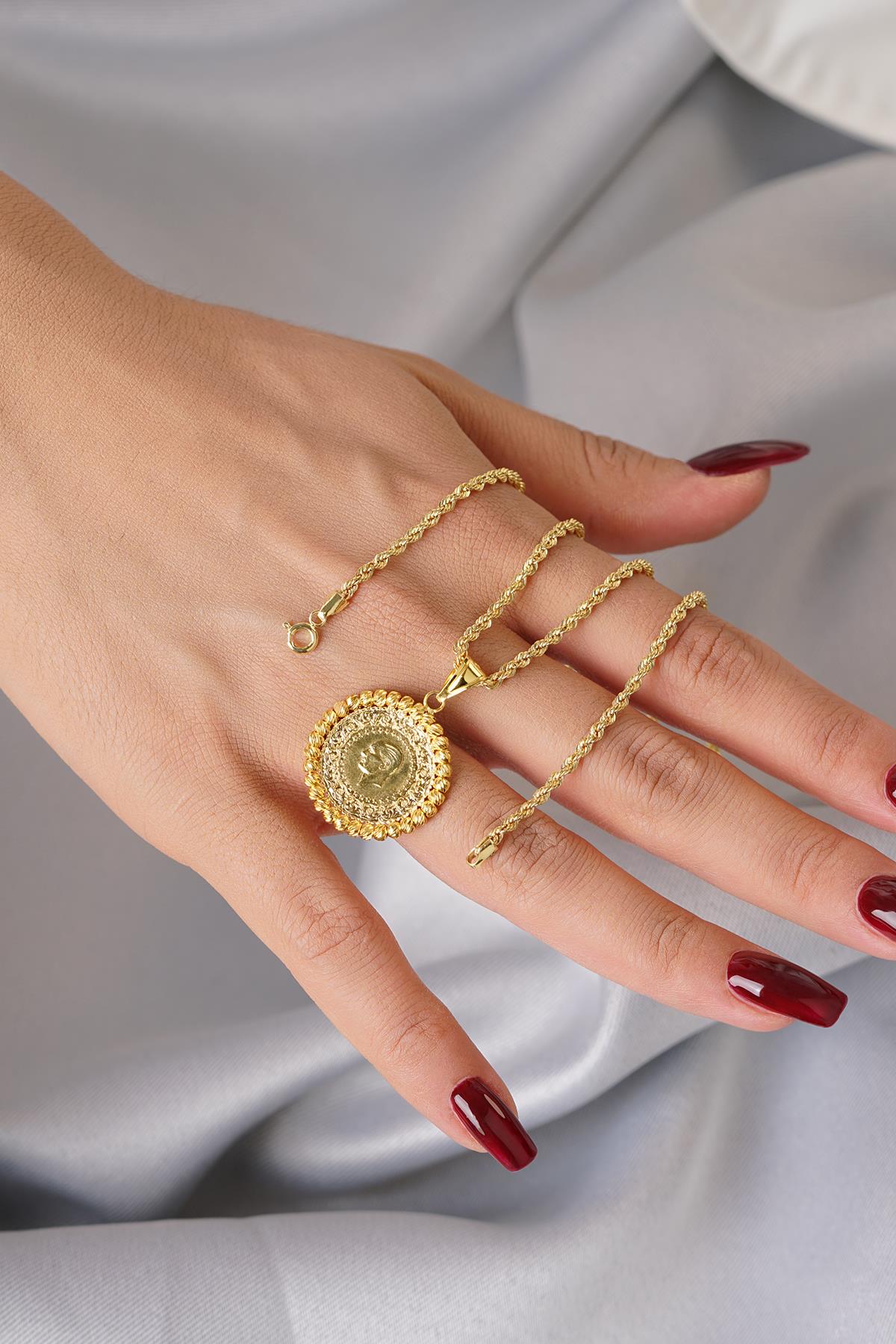 14K Gold Quarter Coin with Twisted Rope Chain Necklace