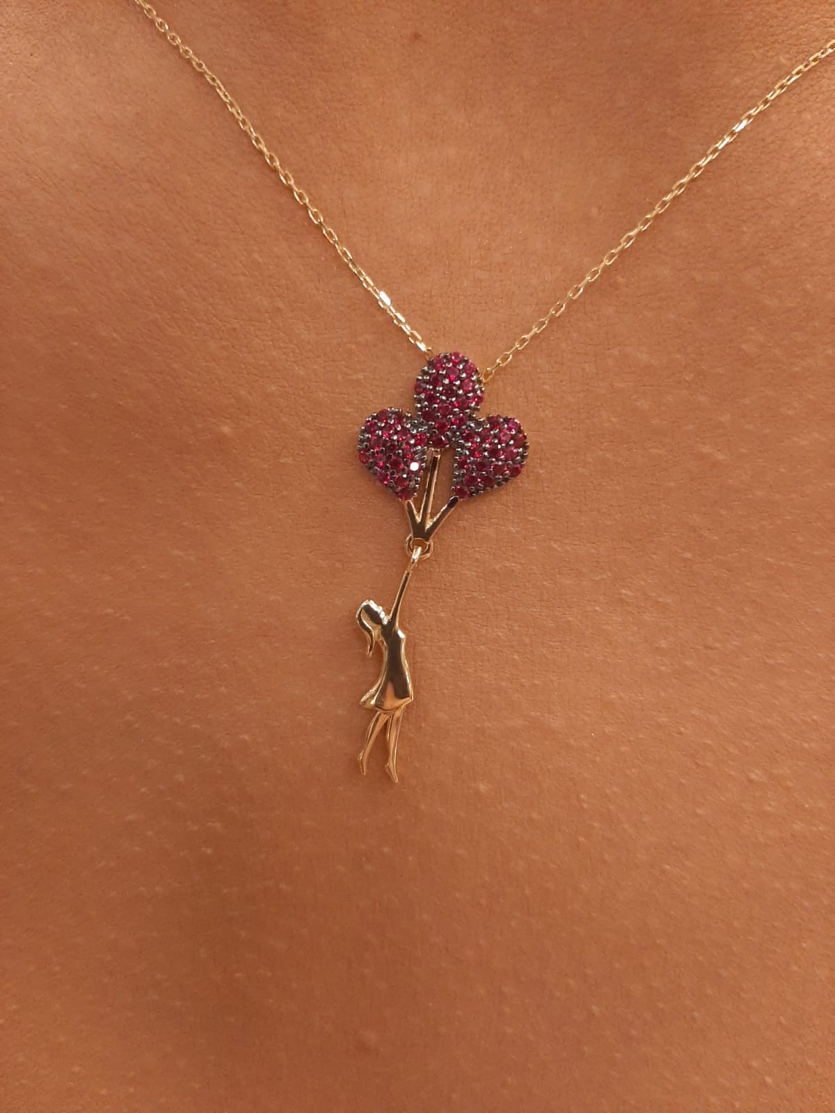 14K Gold Red Stone Balloon Girl Necklace