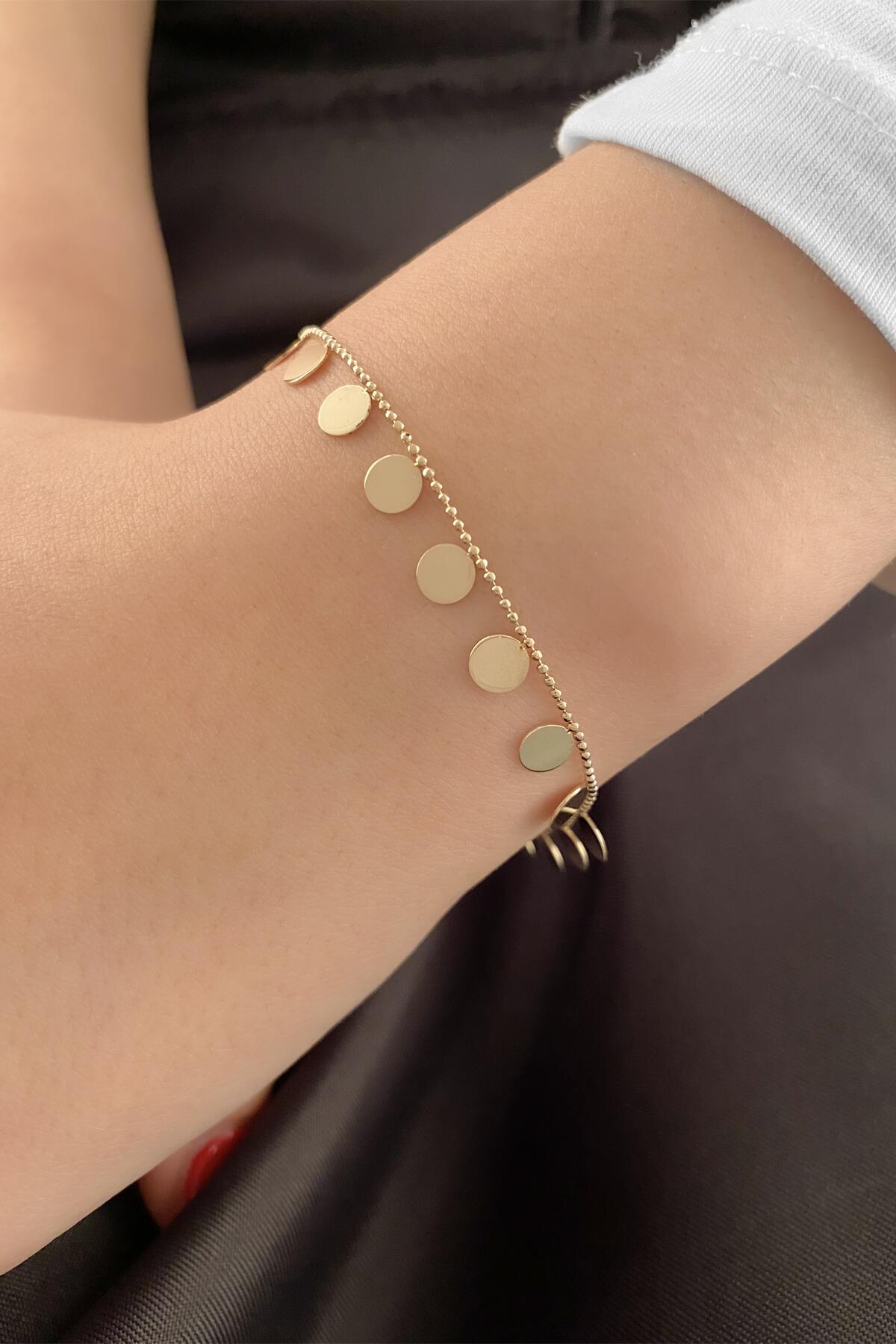 14K Gold Sequin Round Dangle Chain Set ( Necklace - Bracelet )
