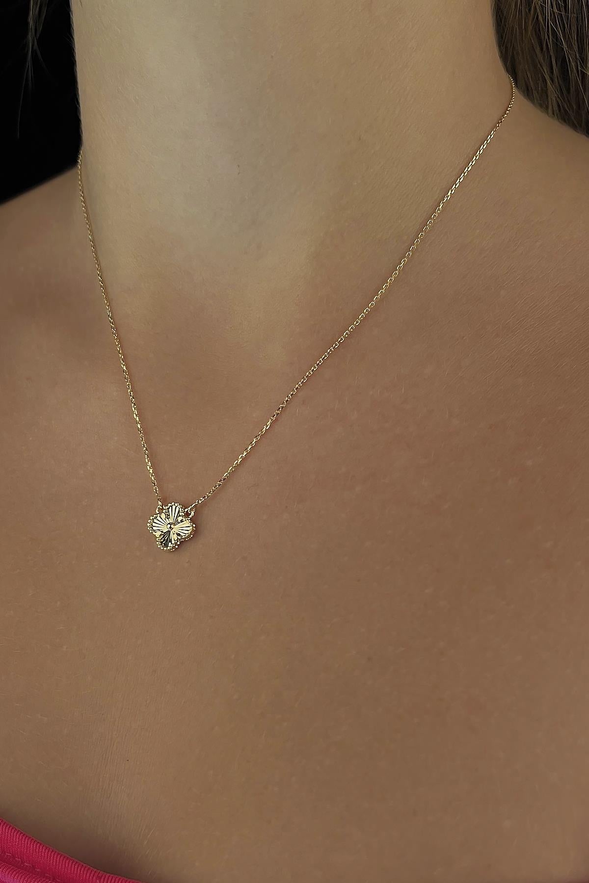 14K Gold Small Size Sunburst Clover Necklace