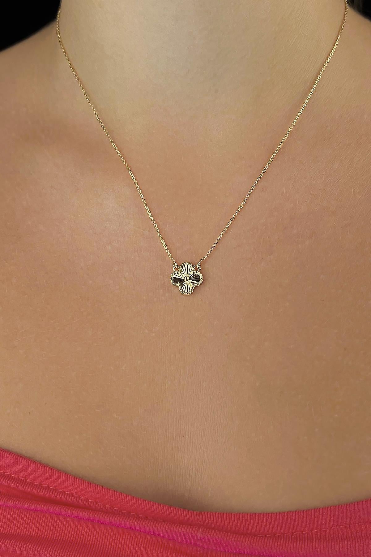 14K Gold Small Size Sunburst Clover Necklace
