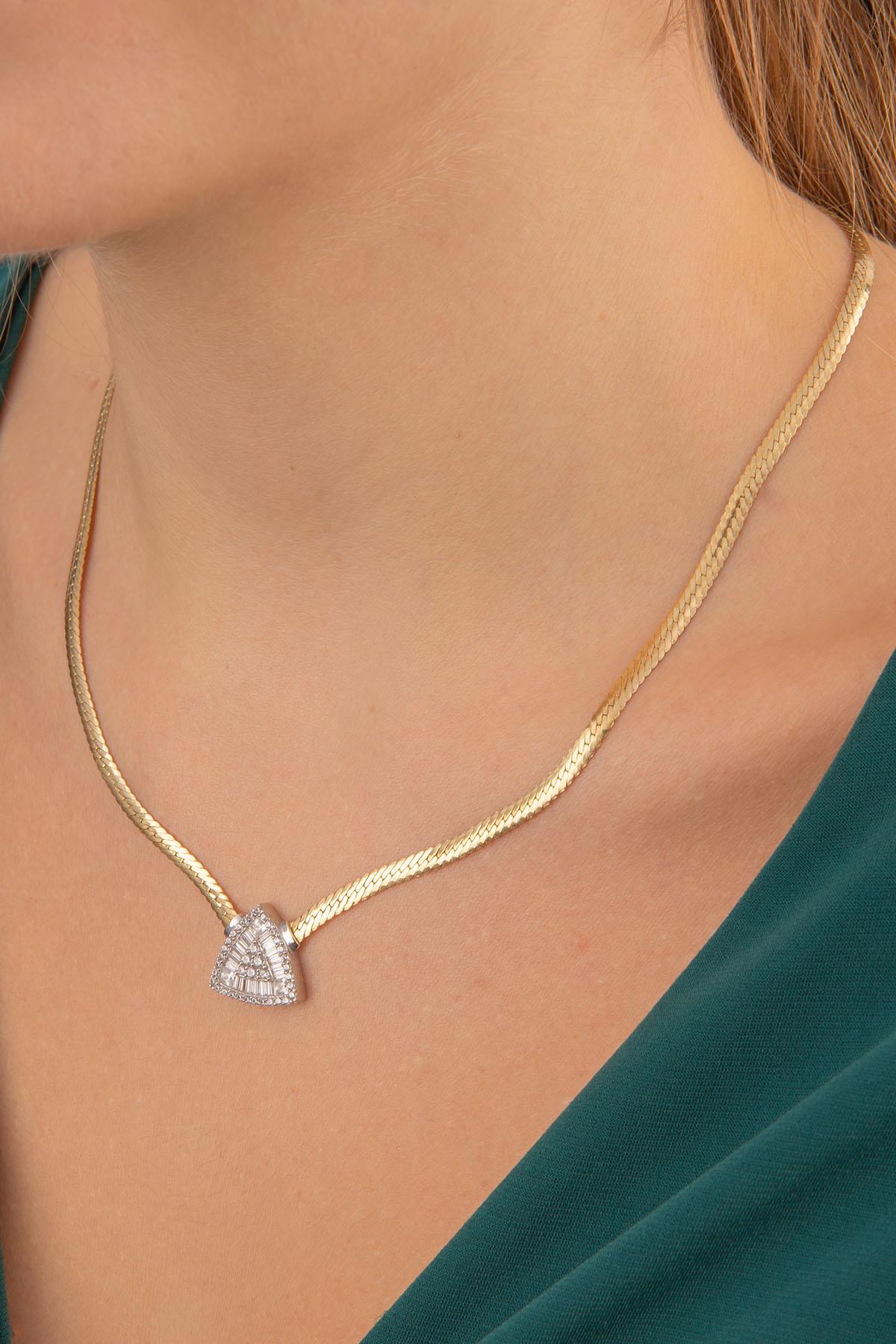 14K Gold Snake Chain Triangle Shape Baguette Necklace