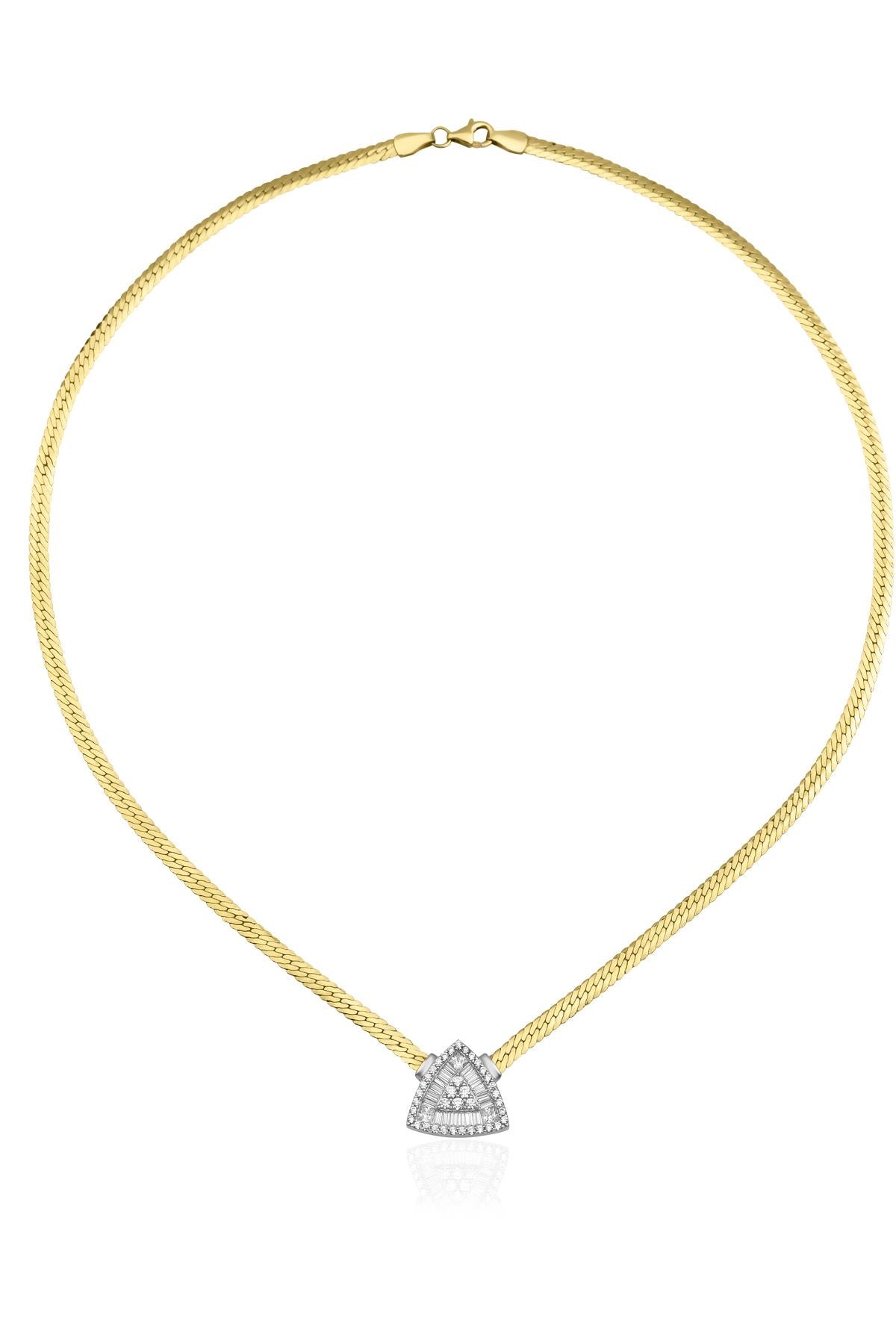 14K Gold Snake Chain Triangle Shape Baguette Necklace