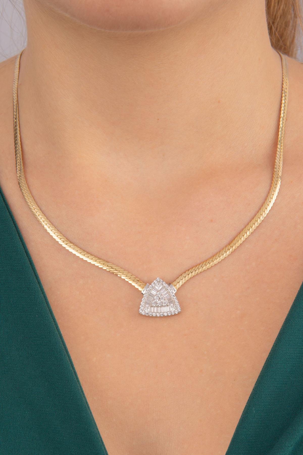 14K Gold Snake Chain Triangle Shape Baguette Necklace