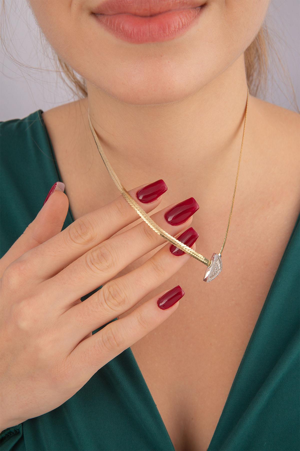 14K Gold Snake Chain Triangle Shape Baguette Necklace