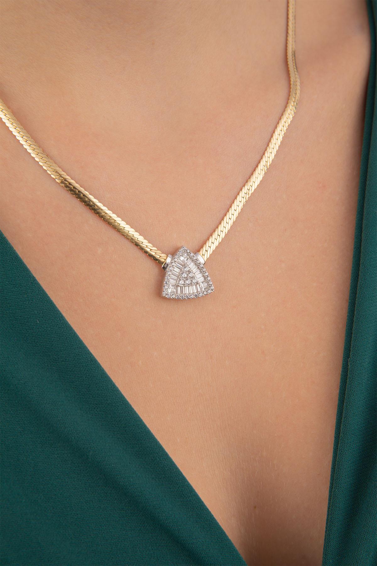 14K Gold Snake Chain Triangle Shape Baguette Necklace