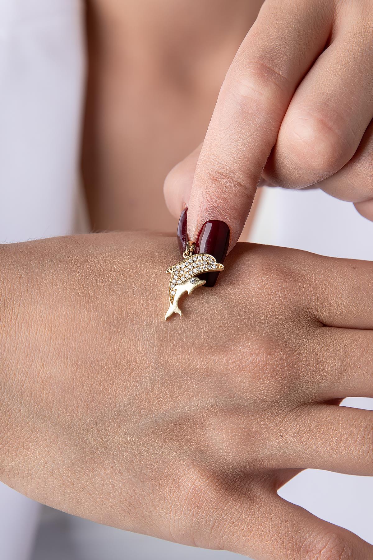 14K Gold Stone Dolphin Pendant