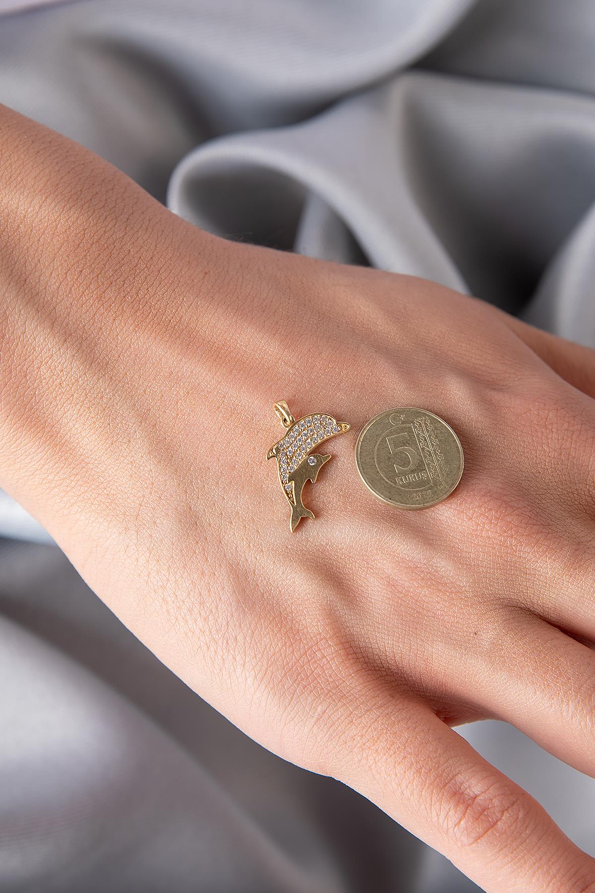 14K Gold Stone Dolphin Pendant